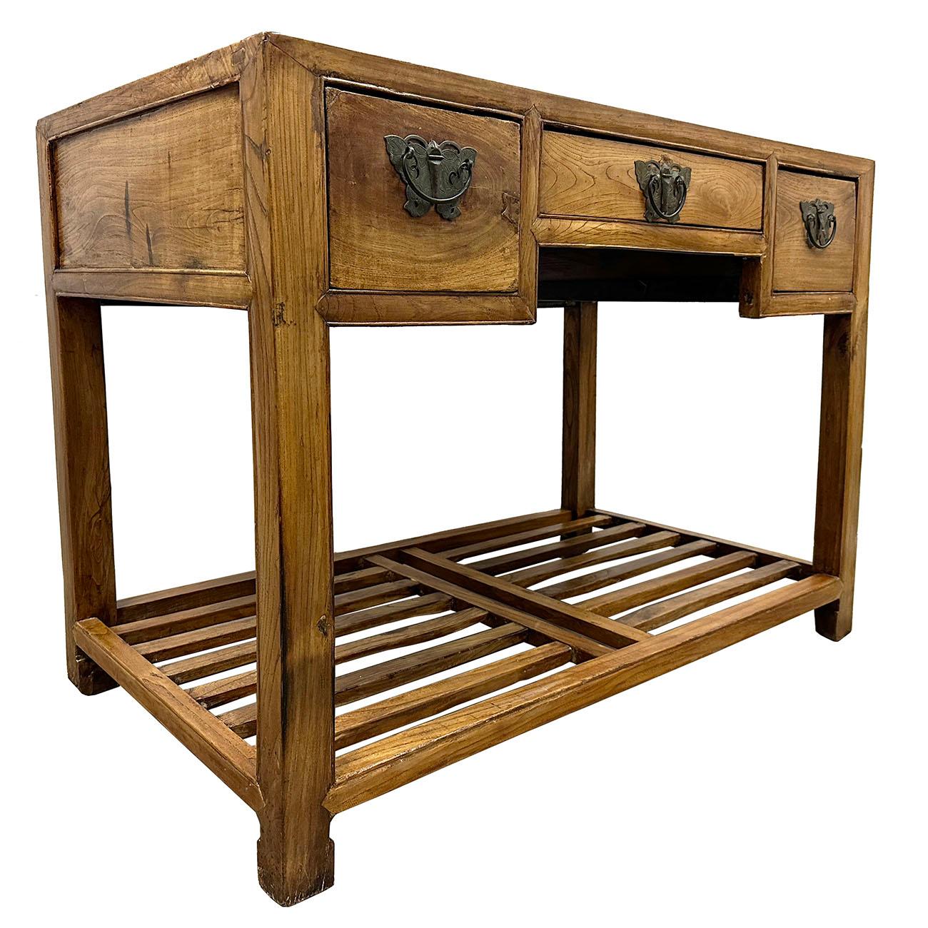 This beautiful carved secretary/writing desk is traditional simply design with three drawers on the front and lattice foot rest on the bottom. Both sides and back are finished. It was made from solid elm wood with carved bronze hardware on the