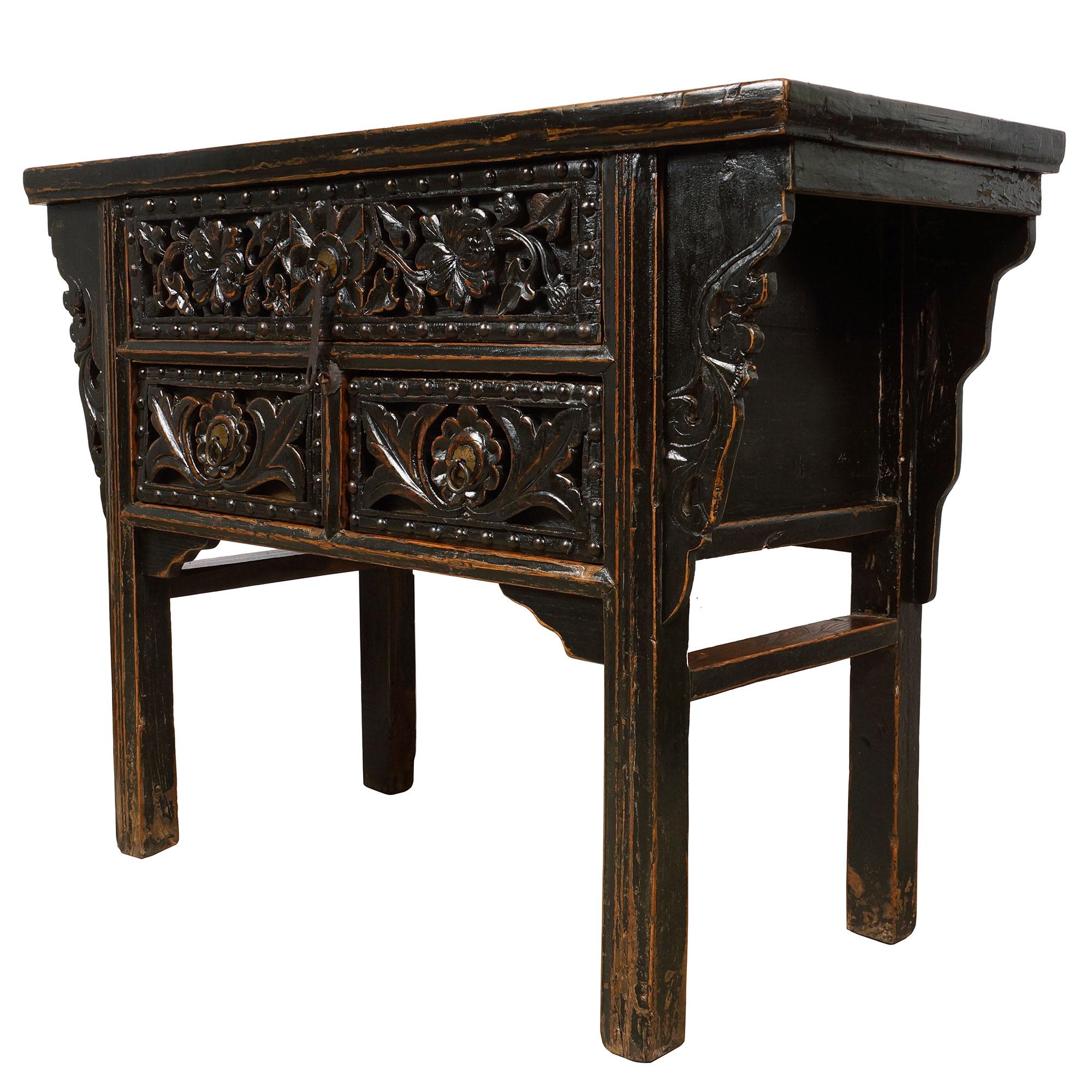 Size: 33 1/2in H x 44 1/2in W x 19 1/4in D
Drawer: Large: 5 3/4in H x 27in W x 15inD
 Small: 6in H x 12in W x 15in D
Origin: Shan Xi, China
Circa: 1850 - 1900
Material: Elm wood
Condition: Solid wood construction, beautiful deep raising carved