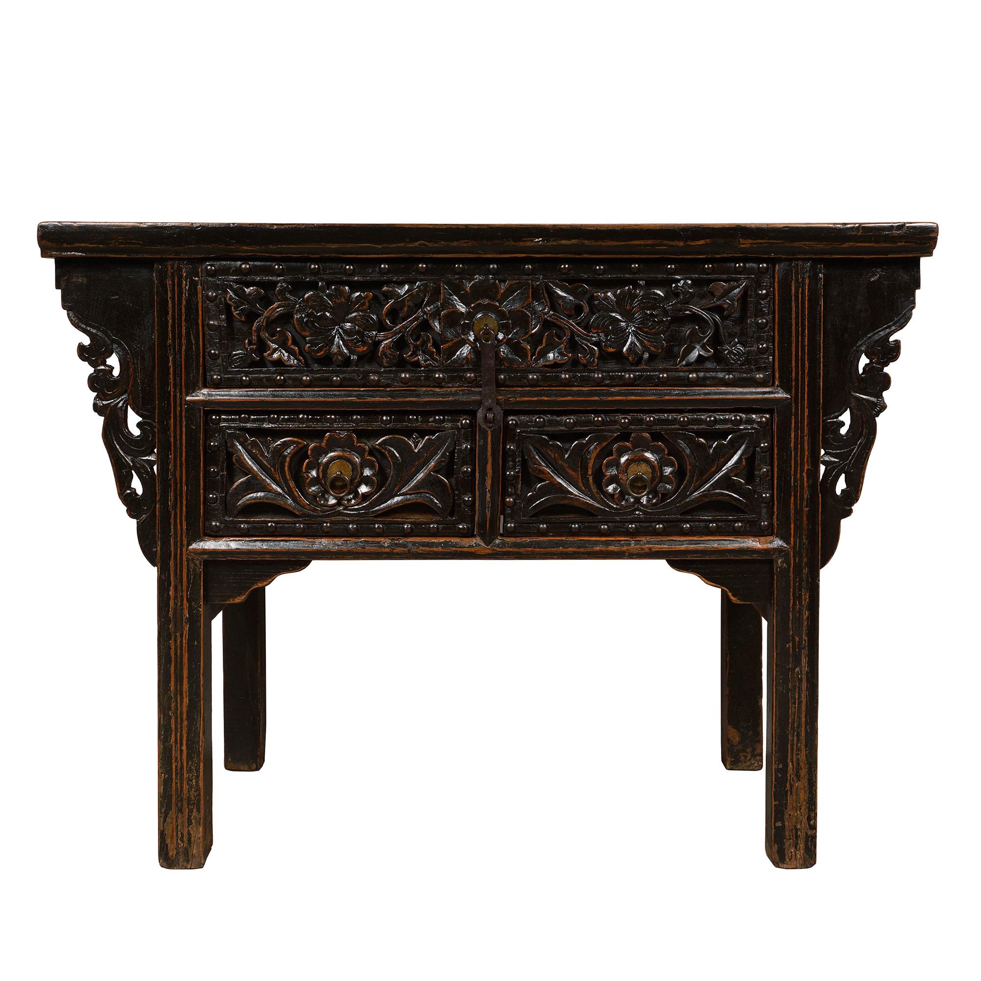 Chinese Export 19th Century Antique Chinese Carved Shan xi Console Table/Sideboard For Sale
