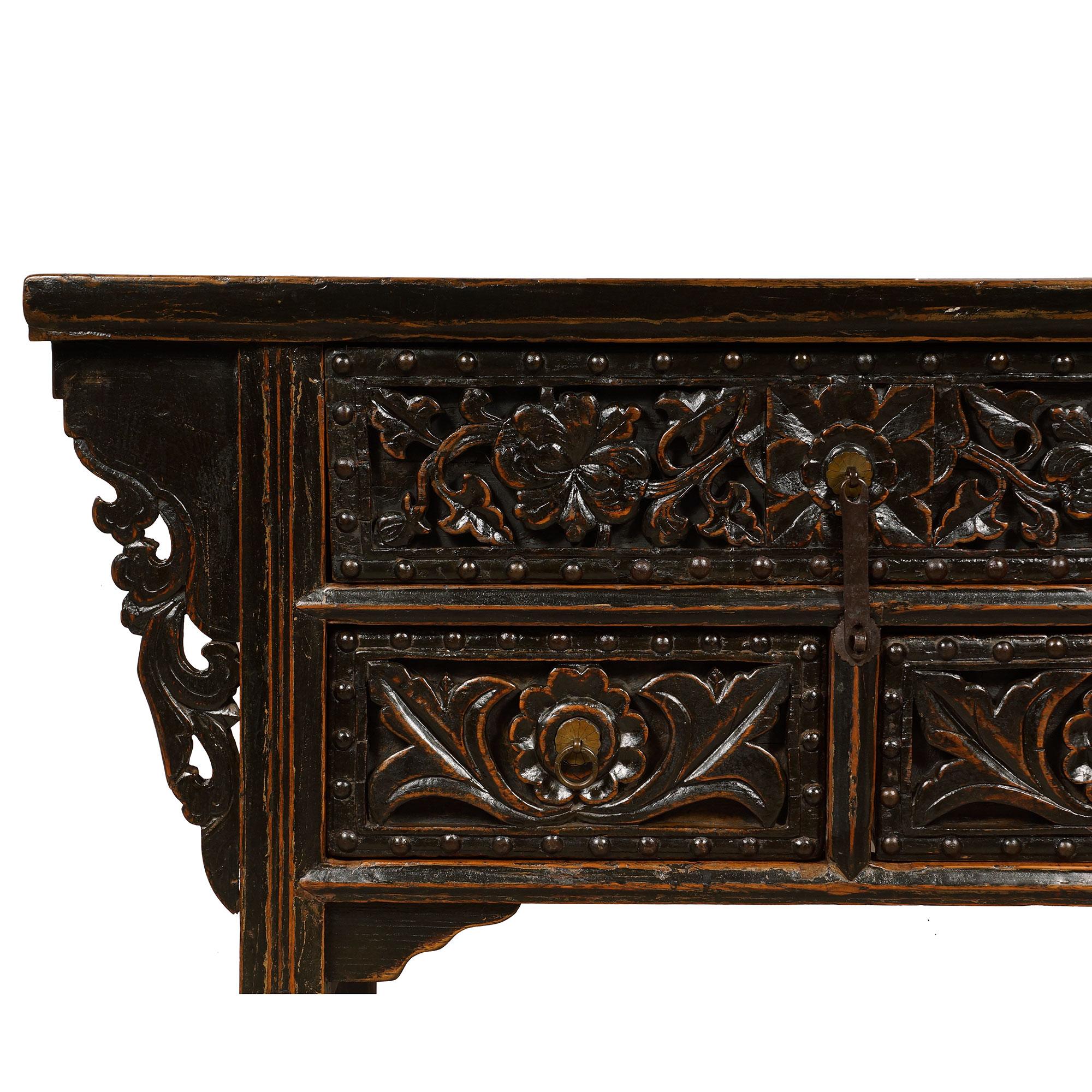 Hand-Carved 19th Century Antique Chinese Carved Shan xi Console Table/Sideboard For Sale