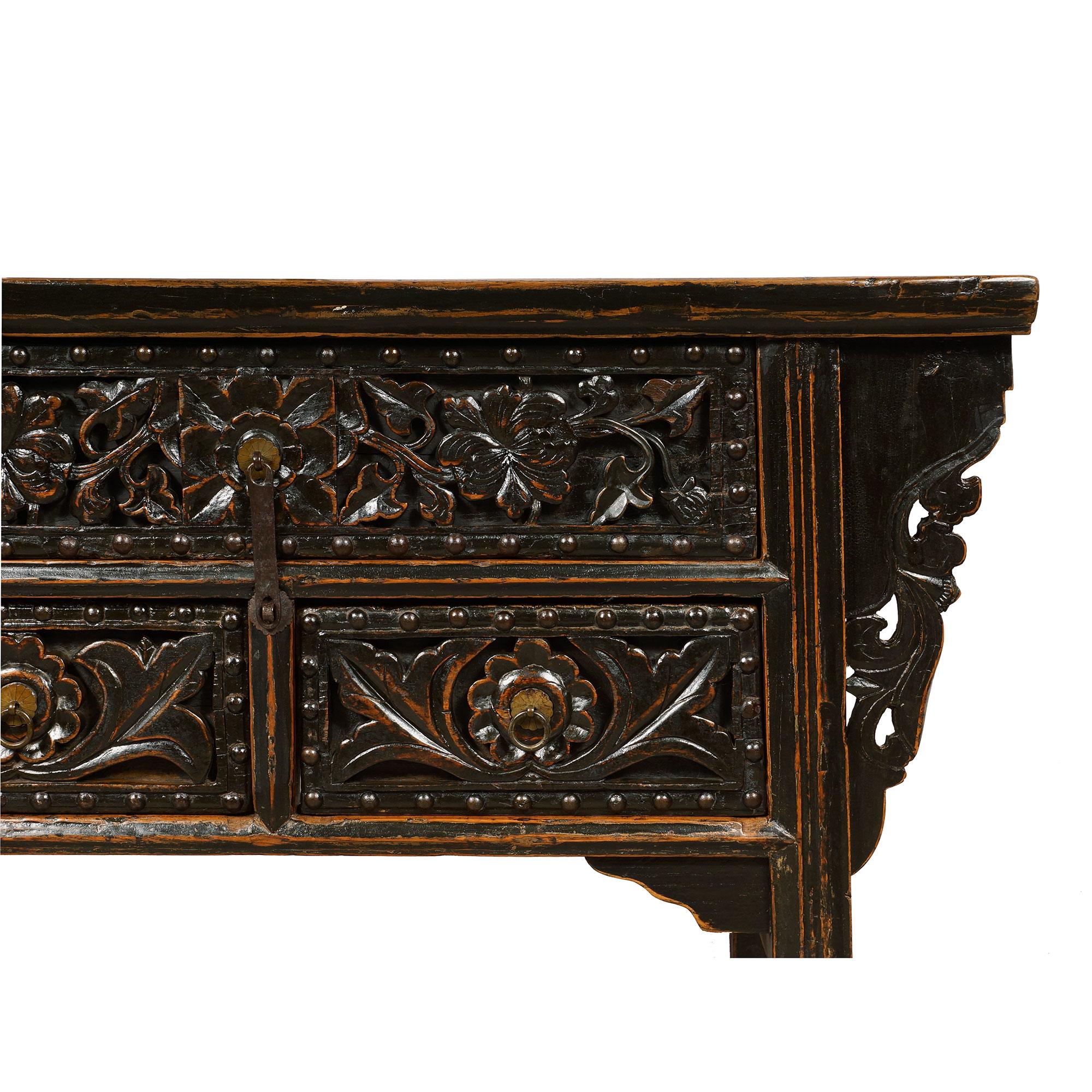 19th Century Antique Chinese Carved Shan xi Console Table/Sideboard In Good Condition For Sale In Pomona, CA