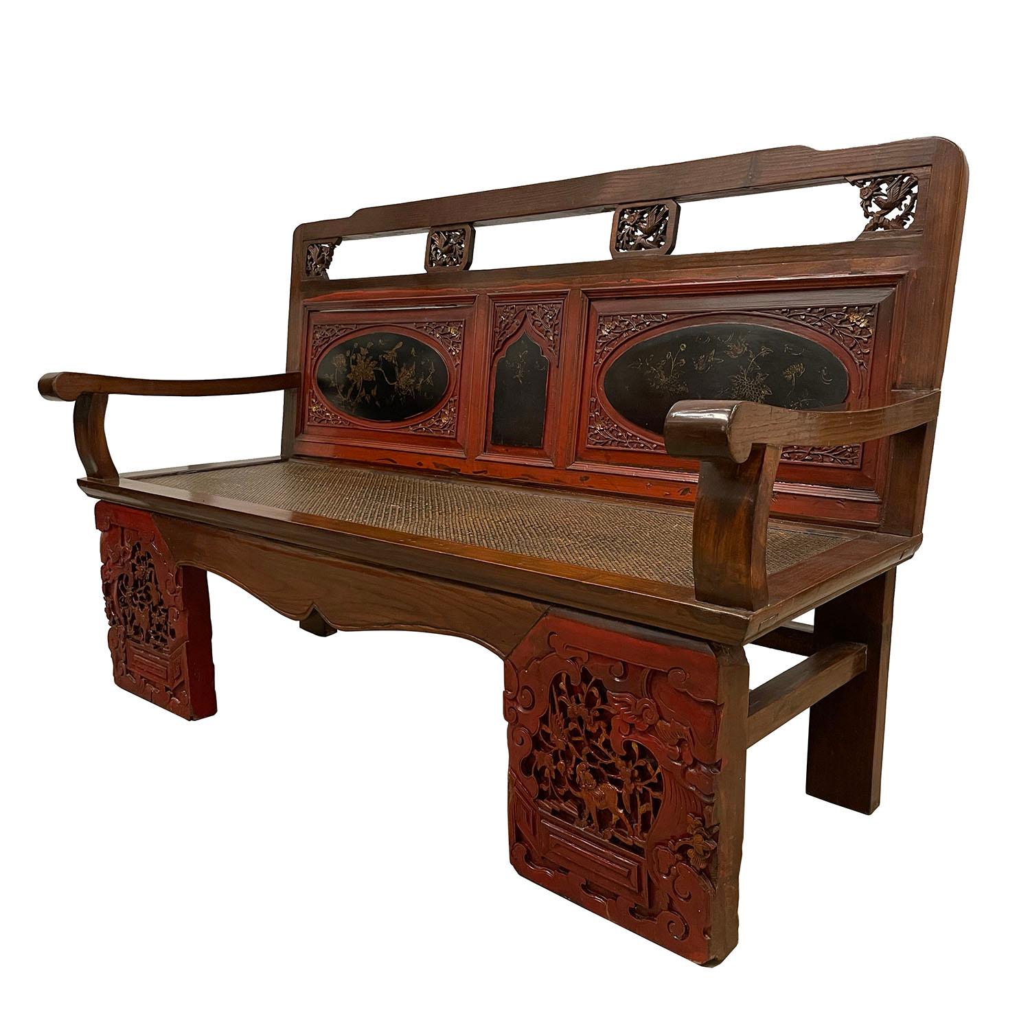 Size: 37in H x 57in W x 22 1/2in D
Seat: 16 1/2in H x 51in W x 18in D
Origin: China
Circa: 1850- 1900
Material: Wood
Condition: Solid wood construction, Hand carved, heavy, sturdy, well balanced. Normal age wear

Description: Look at this