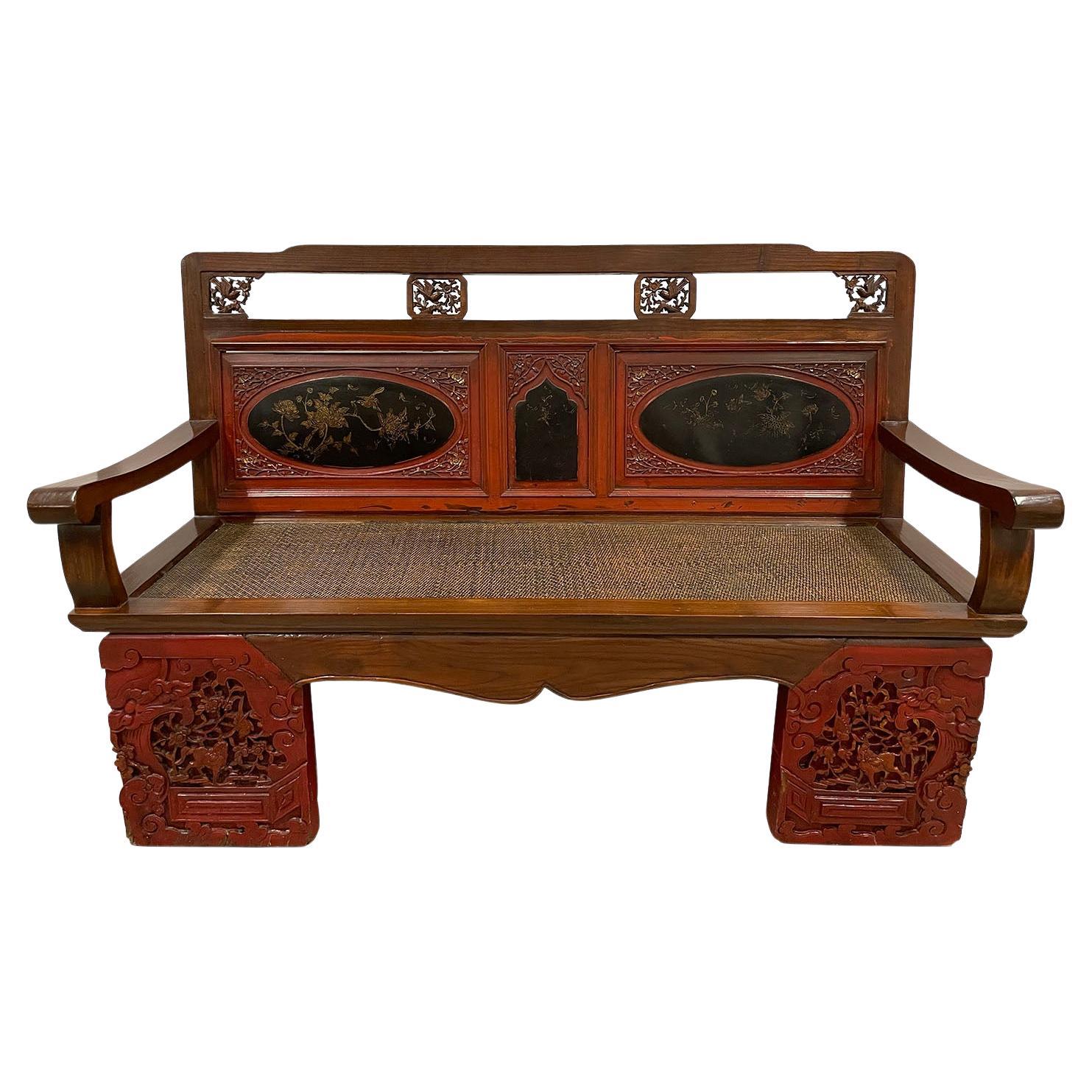 19th Century Antique Chinese Carved Wedding Bench, Love Seat For Sale