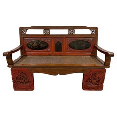 19th Century Antique Chinese Carved Wedding Bench, Love Seat