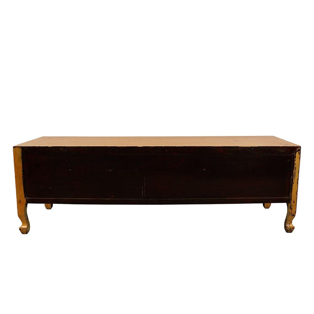 19th Century Antique Chinese Carved Yellow Lacquered Bed Foot Chest/Coffee Table For Sale 6