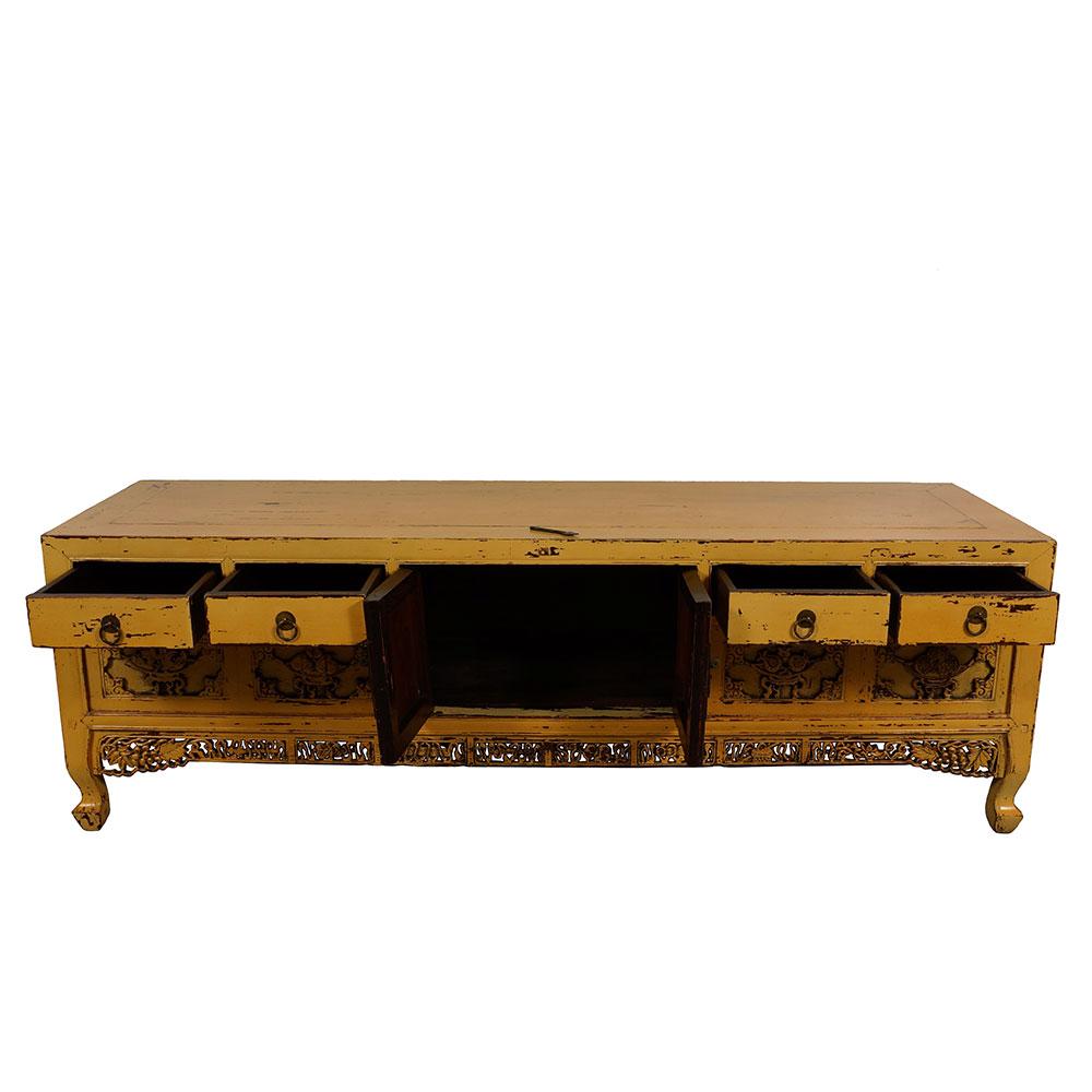 Chinese Export 19th Century Antique Chinese Carved Yellow Lacquered Bed Foot Chest/Coffee Table For Sale