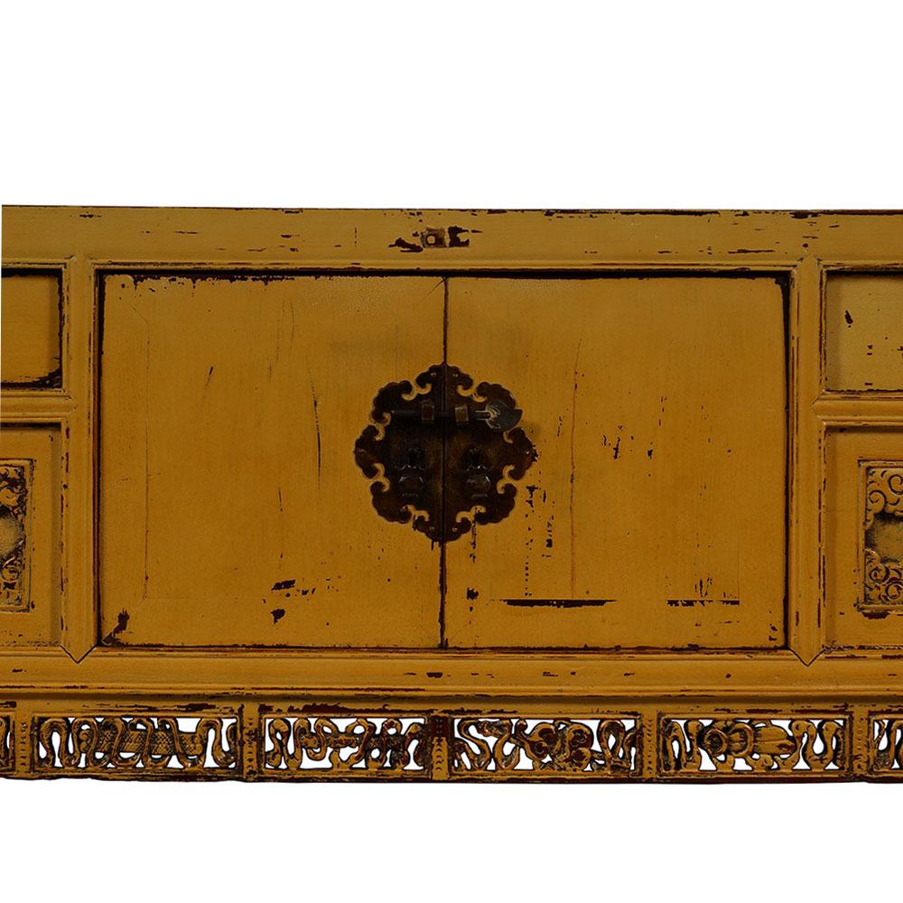 Elm 19th Century Antique Chinese Carved Yellow Lacquered Bed Foot Chest/Coffee Table For Sale