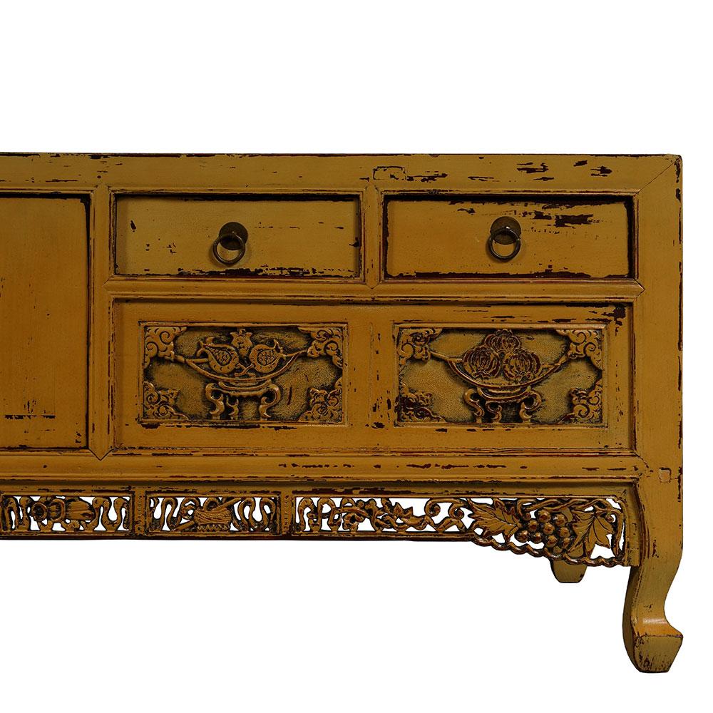 19th Century Antique Chinese Carved Yellow Lacquered Bed Foot Chest/Coffee Table For Sale 1
