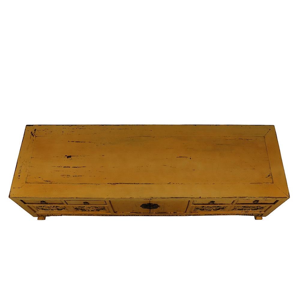 19th Century Antique Chinese Carved Yellow Lacquered Bed Foot Chest/Coffee Table For Sale 2