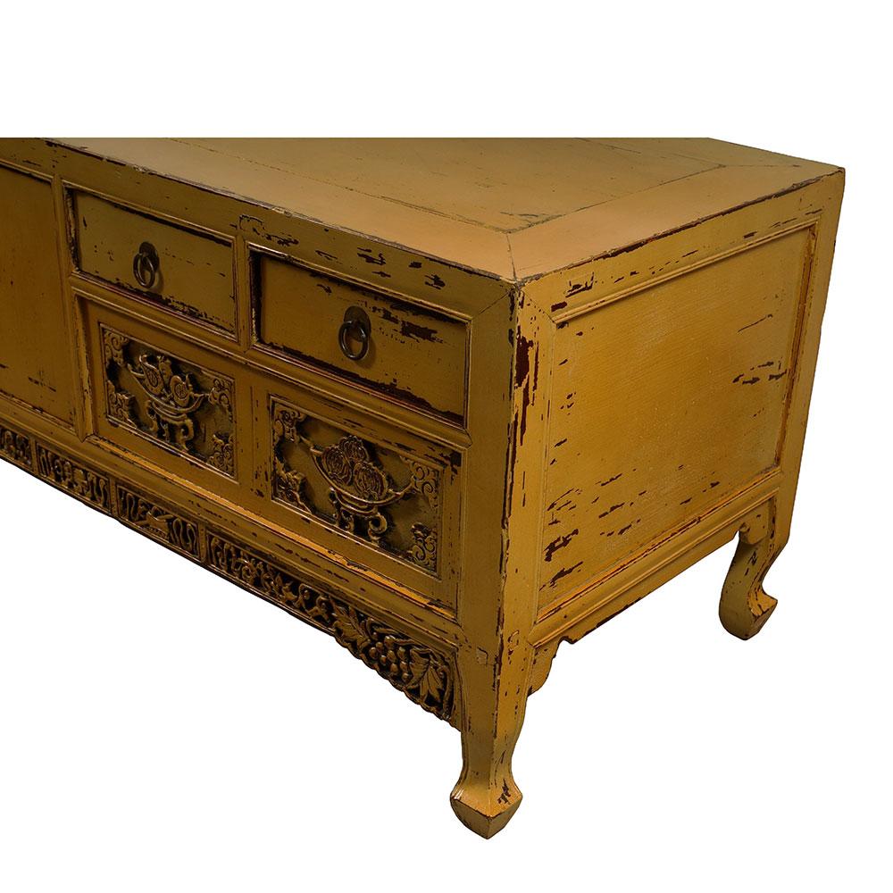 19th Century Antique Chinese Carved Yellow Lacquered Bed Foot Chest/Coffee Table For Sale 4