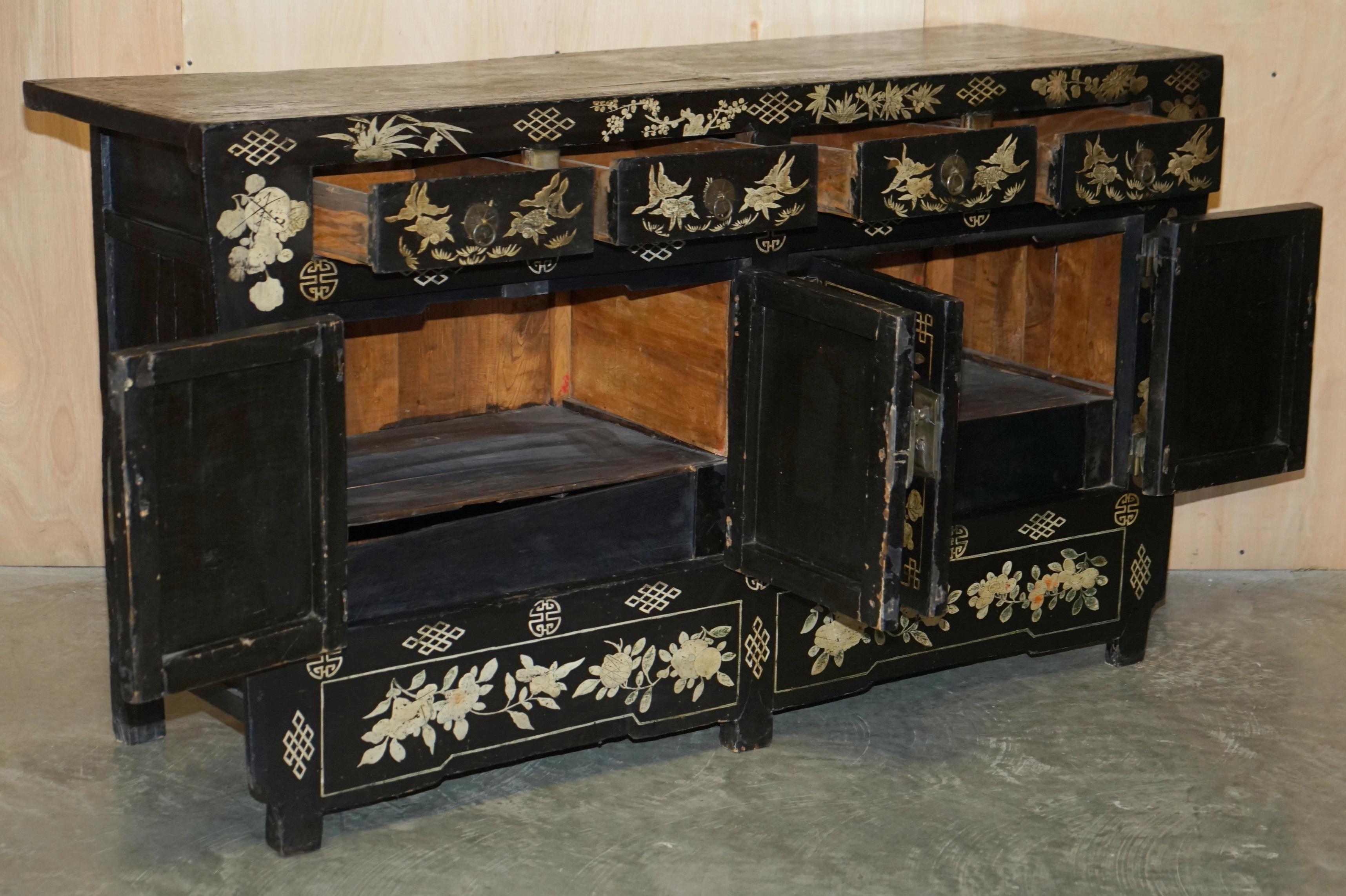 19th Century Antique Chinese Chinoiserie Floral Painted and Lacquered Sideboard For Sale 11