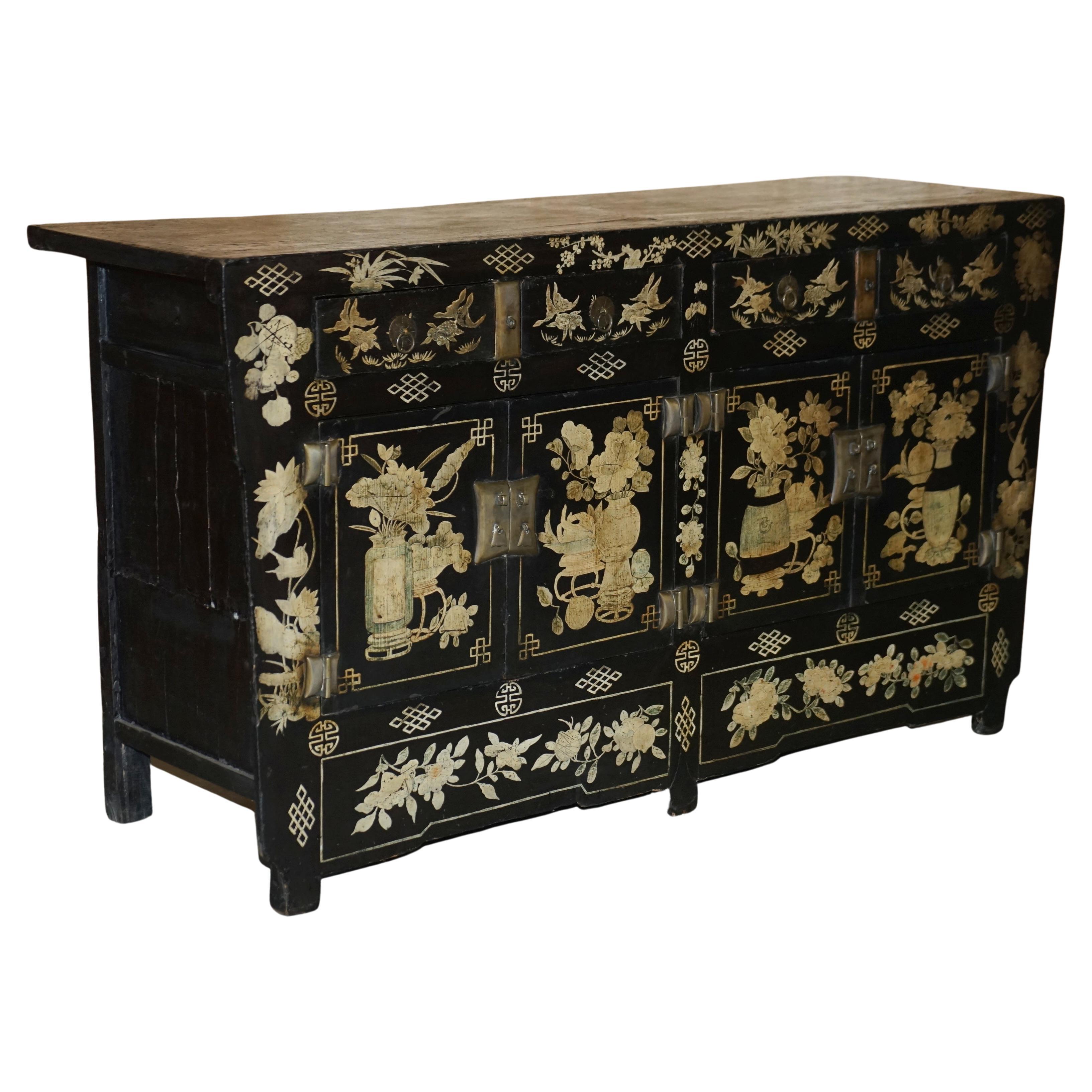 19th Century Antique Chinese Chinoiserie Floral Painted and Lacquered Sideboard For Sale