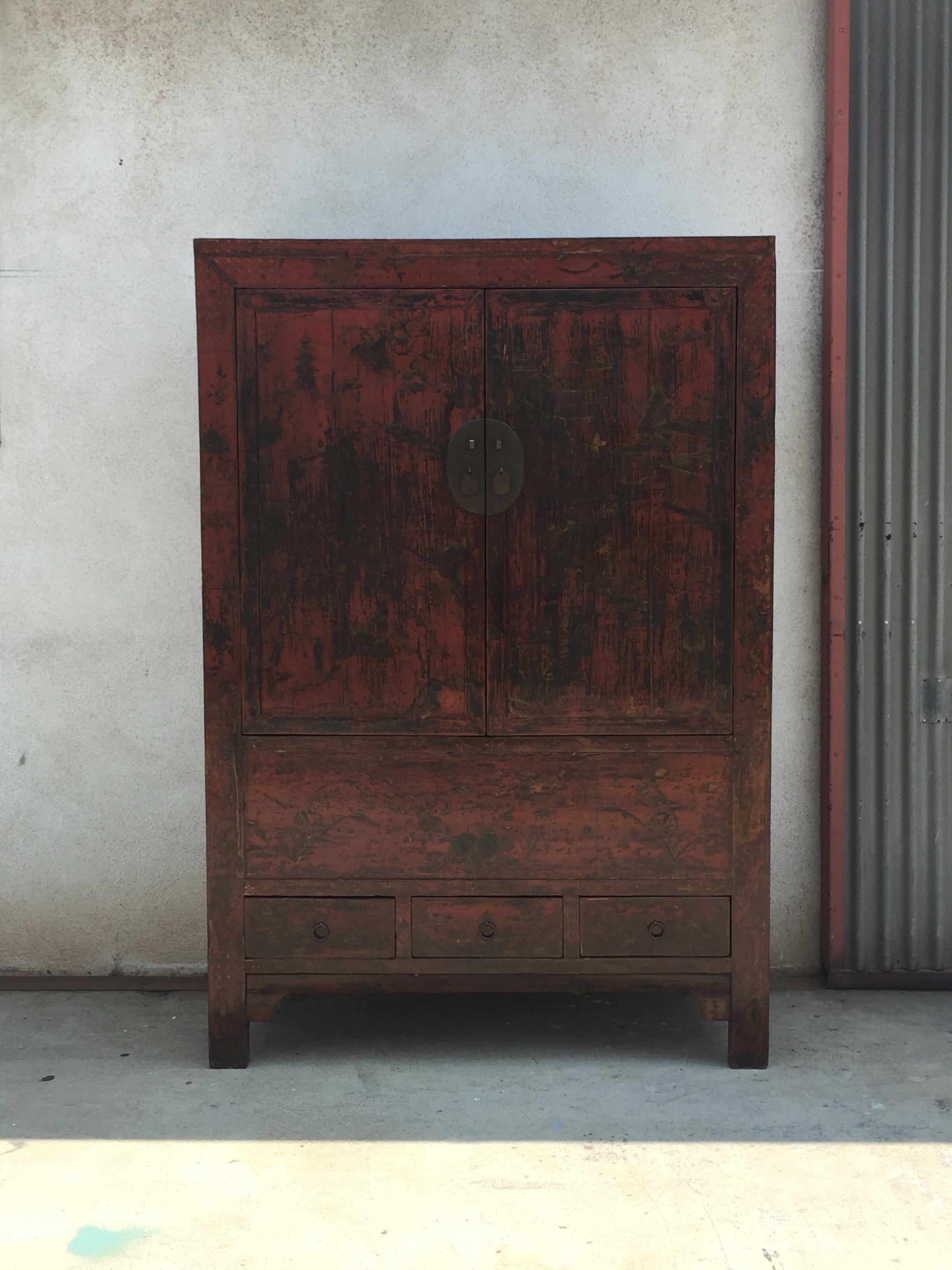 Unique Chinese lacquer cabinet from the original Spago restaurant on Sunset Boulevard in Los Angeles, currently being remodeled. Patinated bronze hardware.