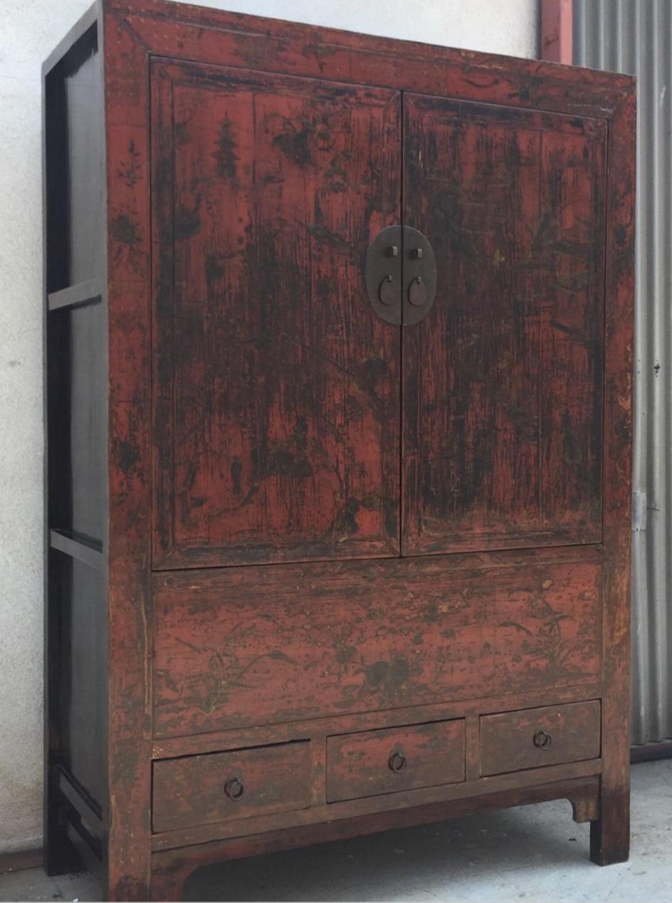 Bronze 19th Century Antique Chinese Chinoiserie Hand-Painted Lacquer Cabinet For Sale