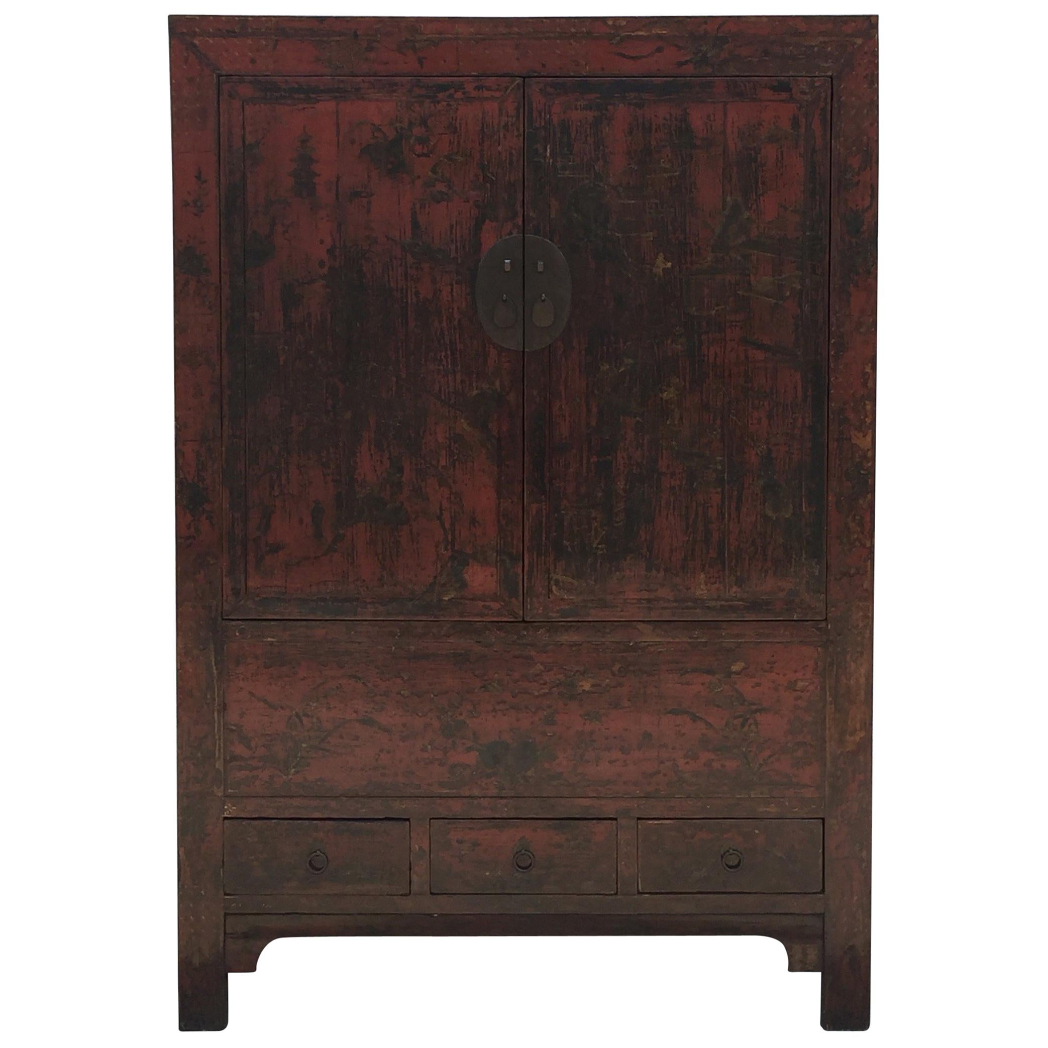 Meuble de rangement chinois ancien du 19ème siècle en laque peinte à la main et chinoiserie