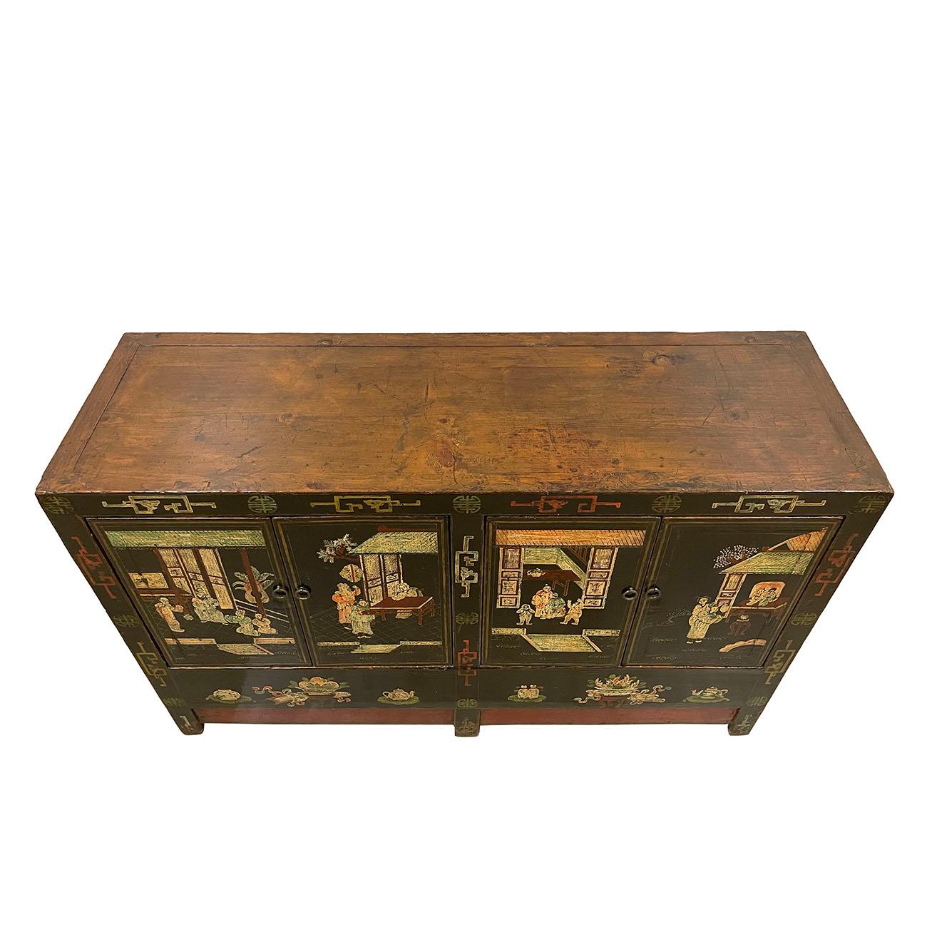 Early 20th Century Antique Chinese Color Painted Black Twin Cabinet, Sideboard For Sale 6