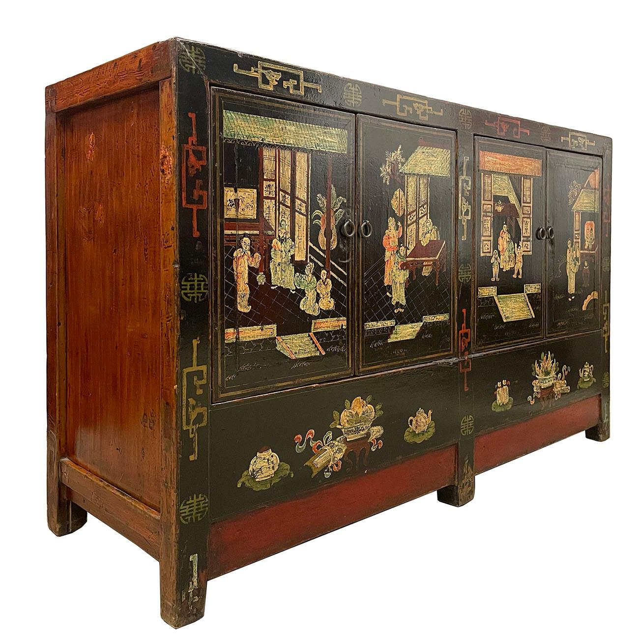 This Chinese antique color painted shan xi twin cabinet has about 130 years history. You can easily identify that on the pictures. This cabinet has beautiful color painting of traditional Chinese folk art design on black lacquer finished front. It