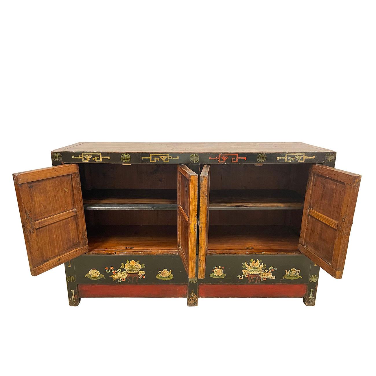 Chinese Export Early 20th Century Antique Chinese Color Painted Black Twin Cabinet, Sideboard For Sale