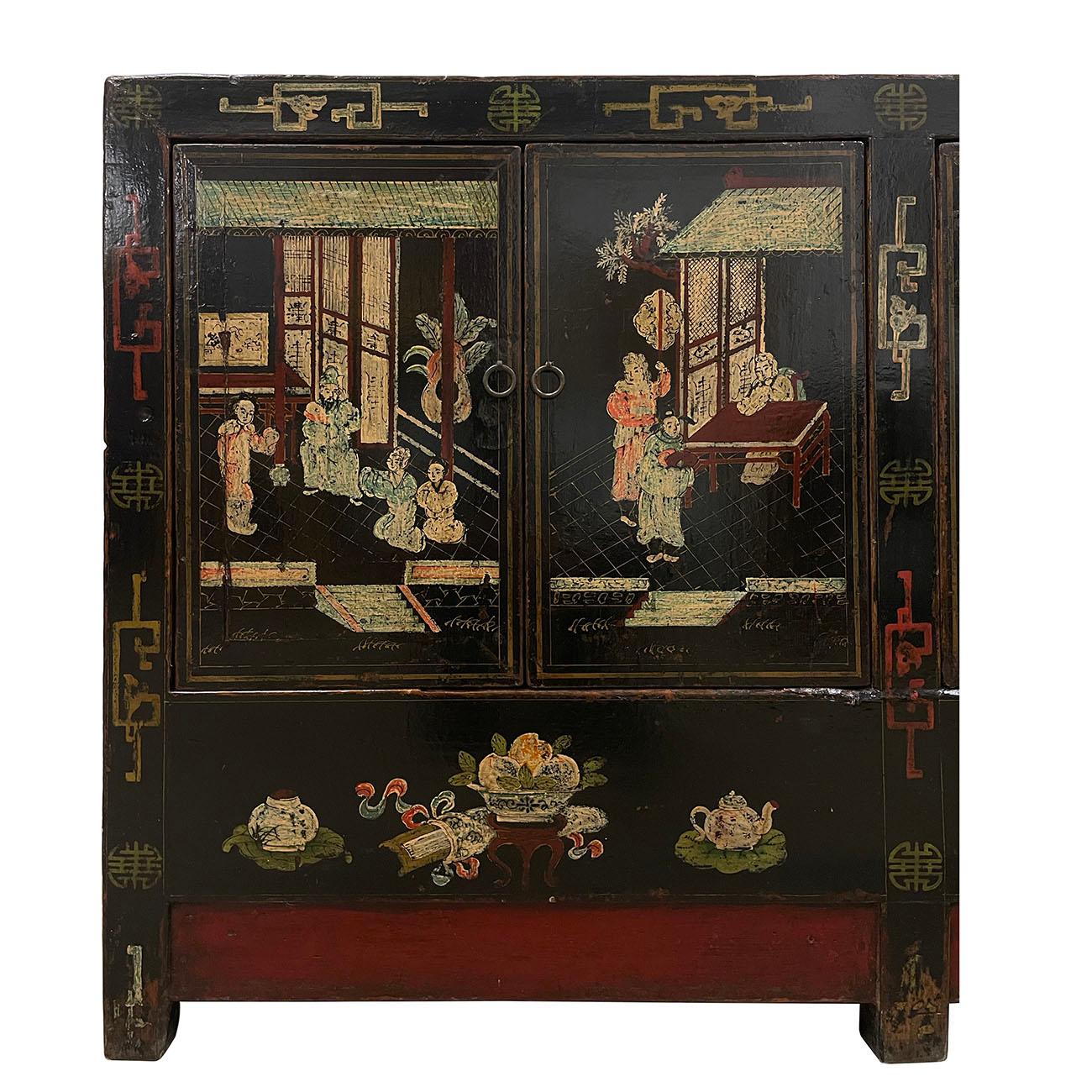Early 20th Century Antique Chinese Color Painted Black Twin Cabinet, Sideboard In Good Condition For Sale In Pomona, CA