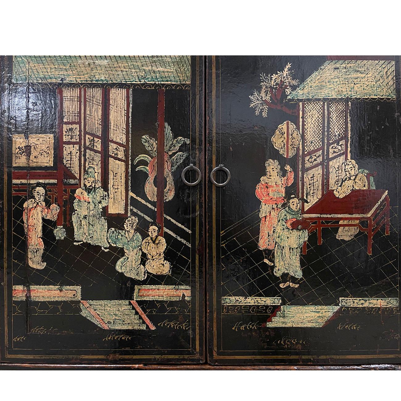 Elm Early 20th Century Antique Chinese Color Painted Black Twin Cabinet, Sideboard For Sale