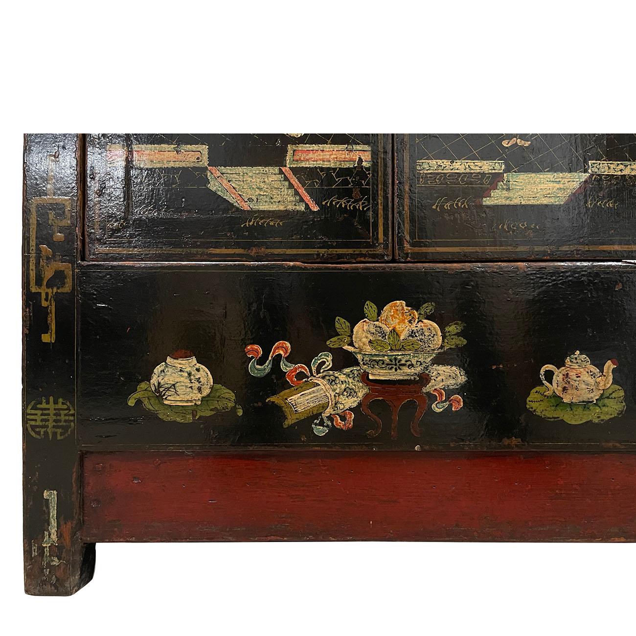 Early 20th Century Antique Chinese Color Painted Black Twin Cabinet, Sideboard For Sale 1