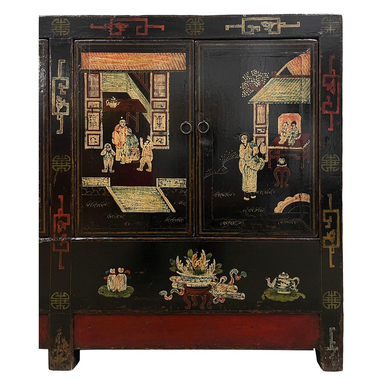 Early 20th Century Antique Chinese Color Painted Black Twin Cabinet, Sideboard For Sale 2