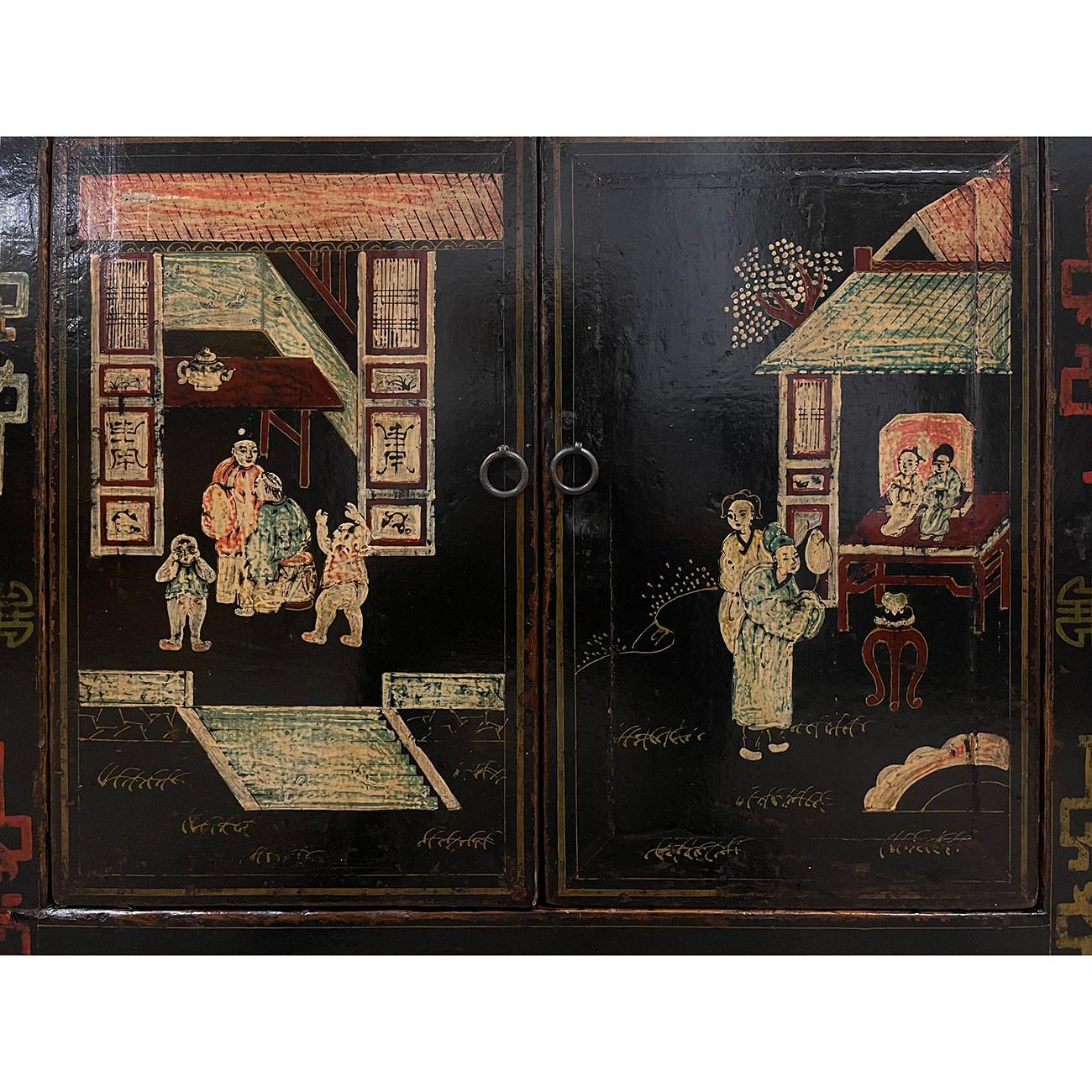 Early 20th Century Antique Chinese Color Painted Black Twin Cabinet, Sideboard For Sale 3