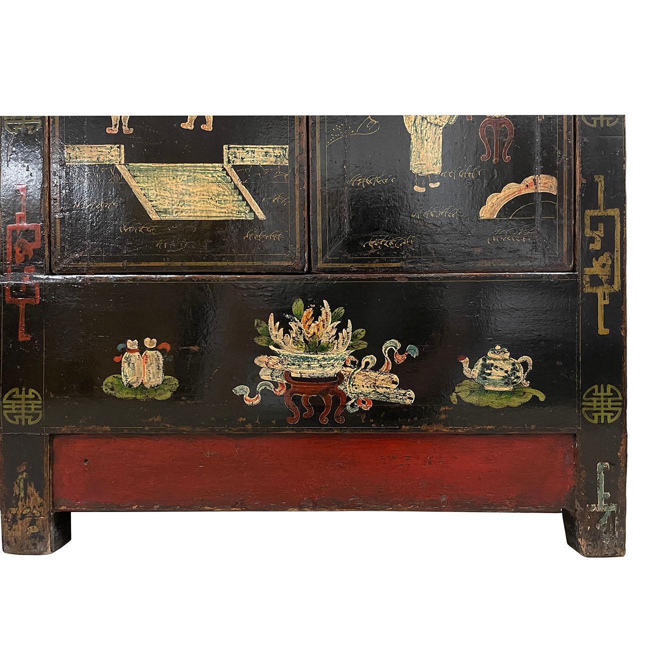 Early 20th Century Antique Chinese Color Painted Black Twin Cabinet, Sideboard For Sale 4