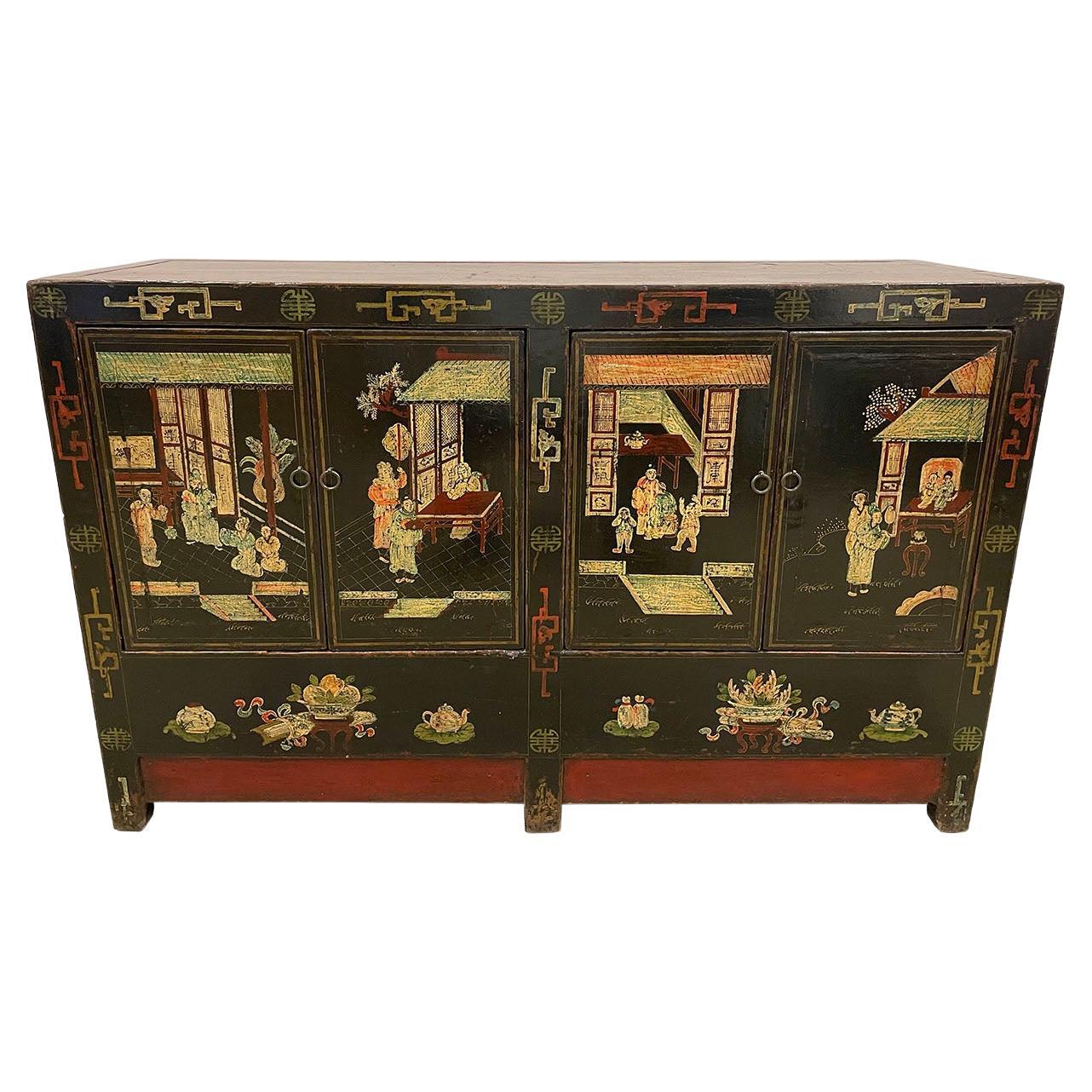 Early 20th Century Antique Chinese Color Painted Black Twin Cabinet, Sideboard For Sale