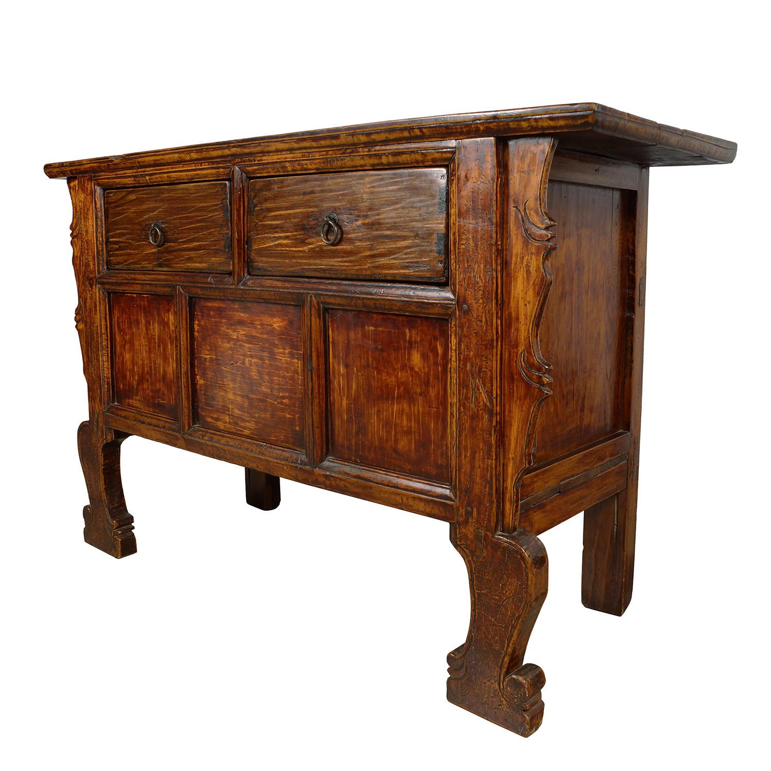 Size: 37in H x 57.5in W x 21in D
Drawer: 6.5in H x 16.5in W x 16in D
Origin: China
Circa: 1850 - 1900
Material: Elm wood
Condition: Original finished, solid wood construction, sturdy, very heavy, normal age wear.

This Chinese antique
