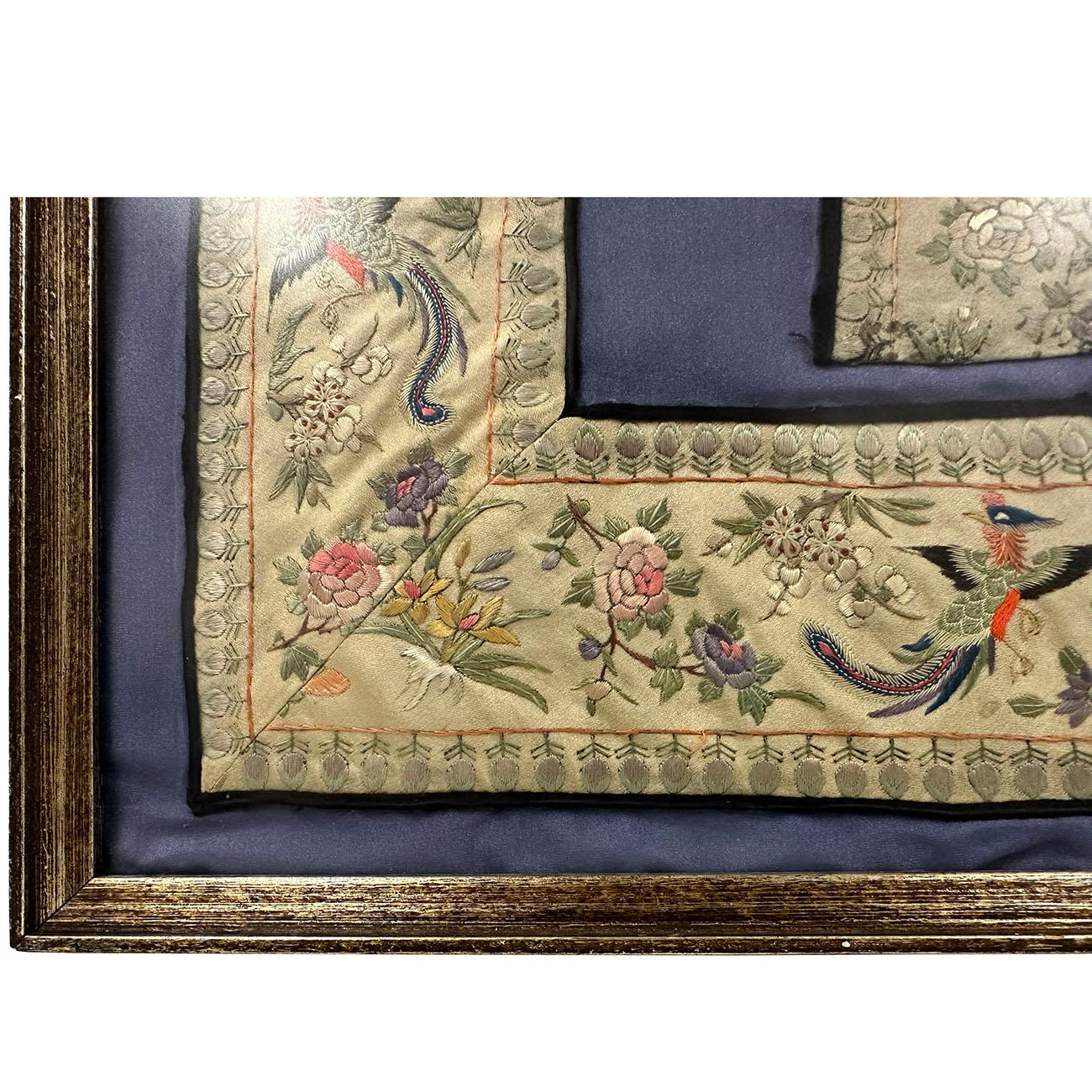 19th Century Antique Chinese Framed Groups of Textile Embroidery Pieces For Sale 6