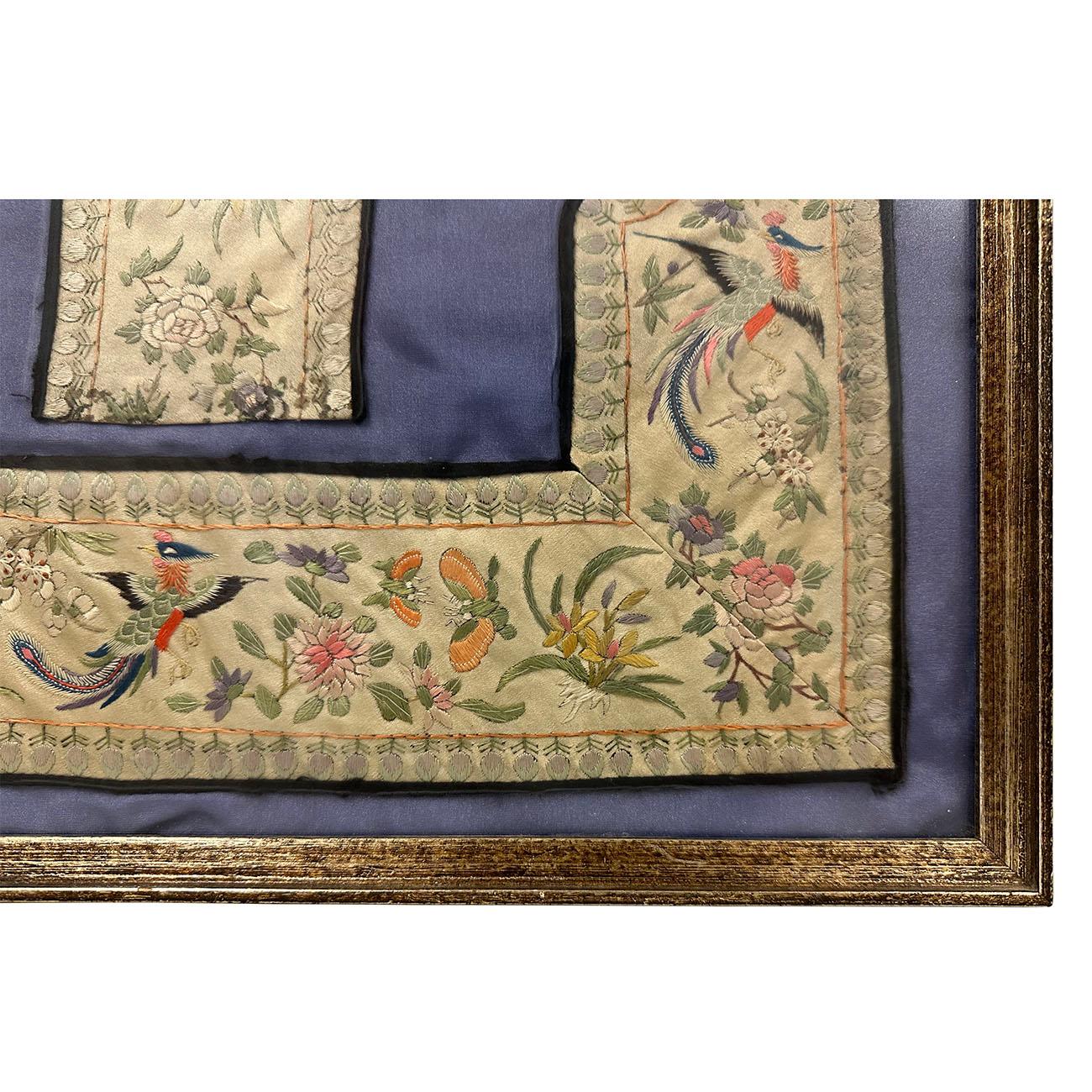 19th Century Antique Chinese Framed Groups of Textile Embroidery Pieces For Sale 7