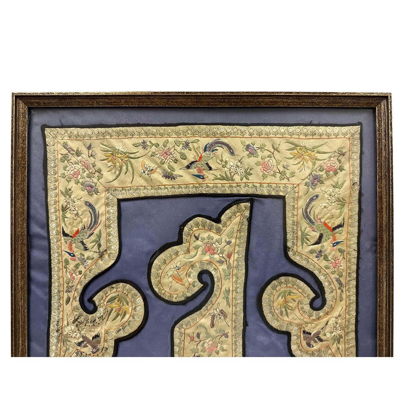 A group of three antique Chinese textiles embroidery arranged and professionally matted and framed. The museum quality display includes two Identical pieces symmetrically on the top and bottom of the frame, one piece in the center. There are