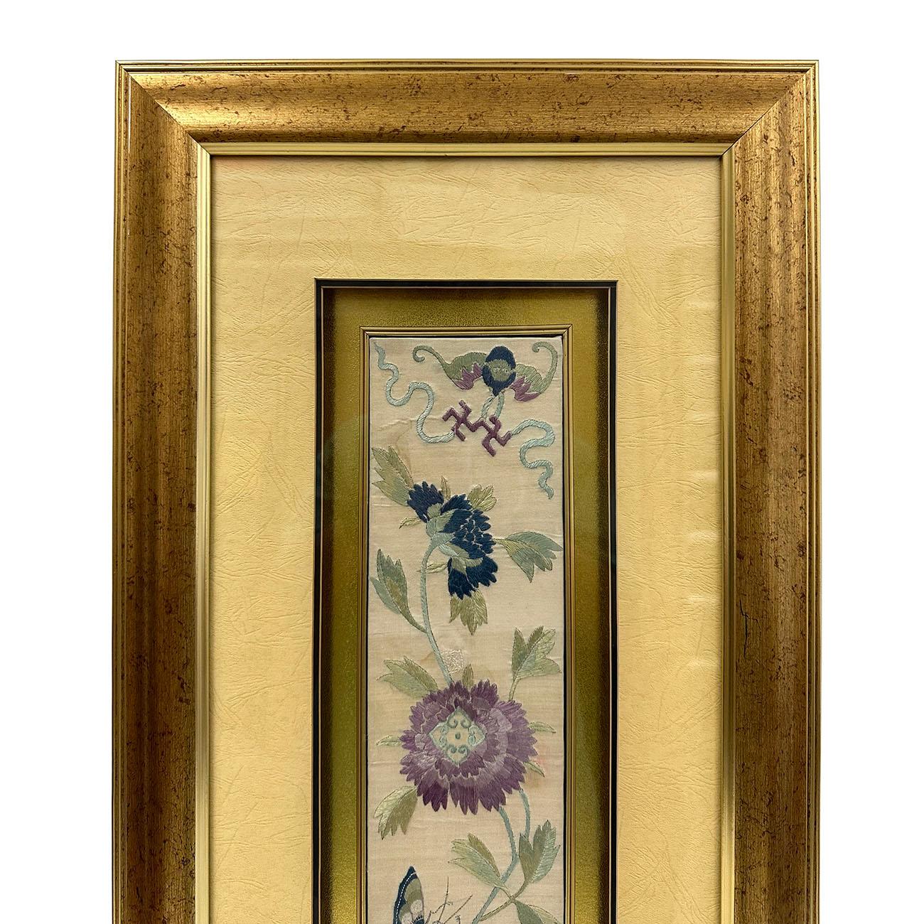 An antique Chinese silk embroidery in 3D framed. The museum quality display wall decor. There are numerous auspicious symbols and butterfly, floral embroidered in colored silk threads were included, such as butterfly and peony etc. The textiles are