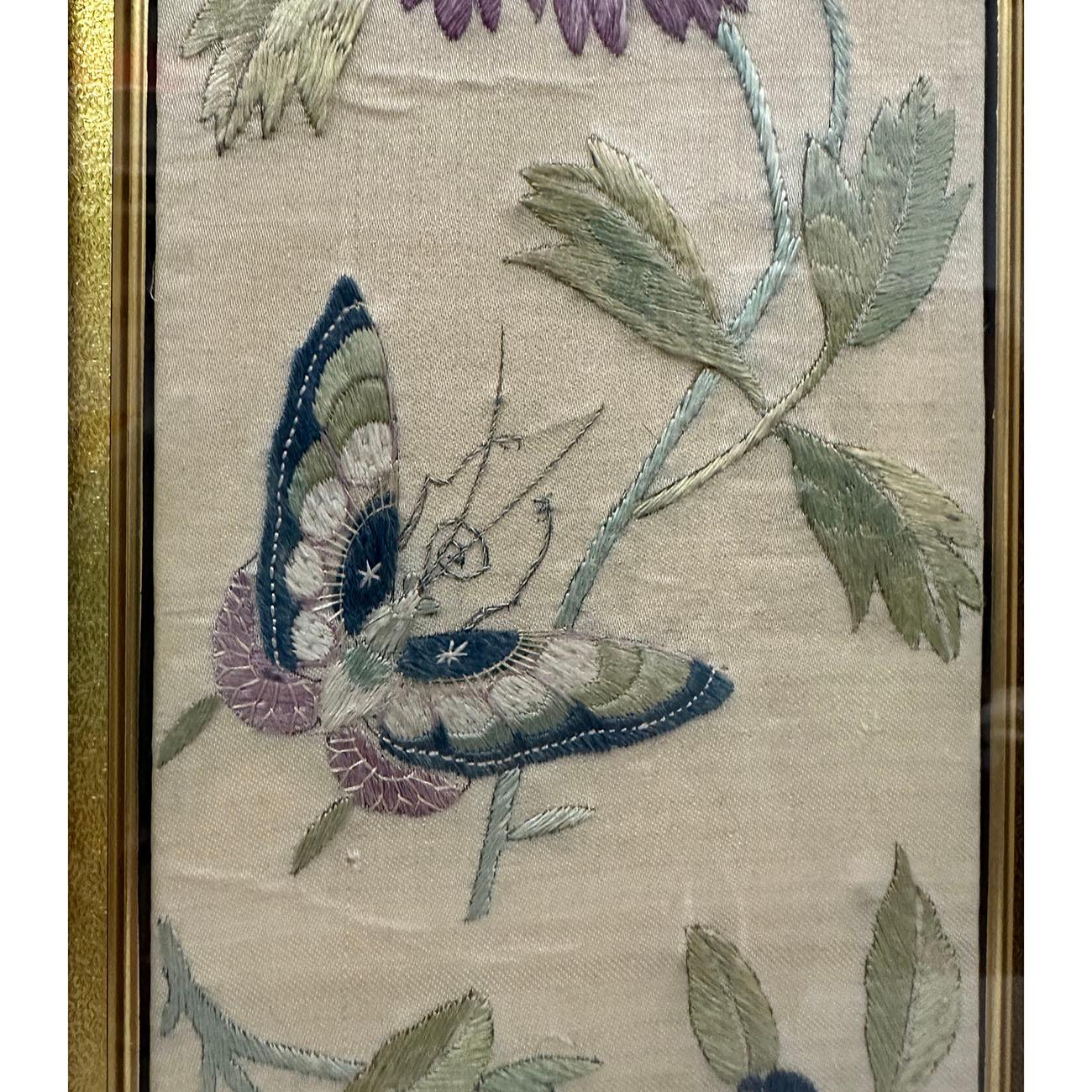 Embroidered 19th Century Antique Chinese Framed Silk Embroidery Panel
