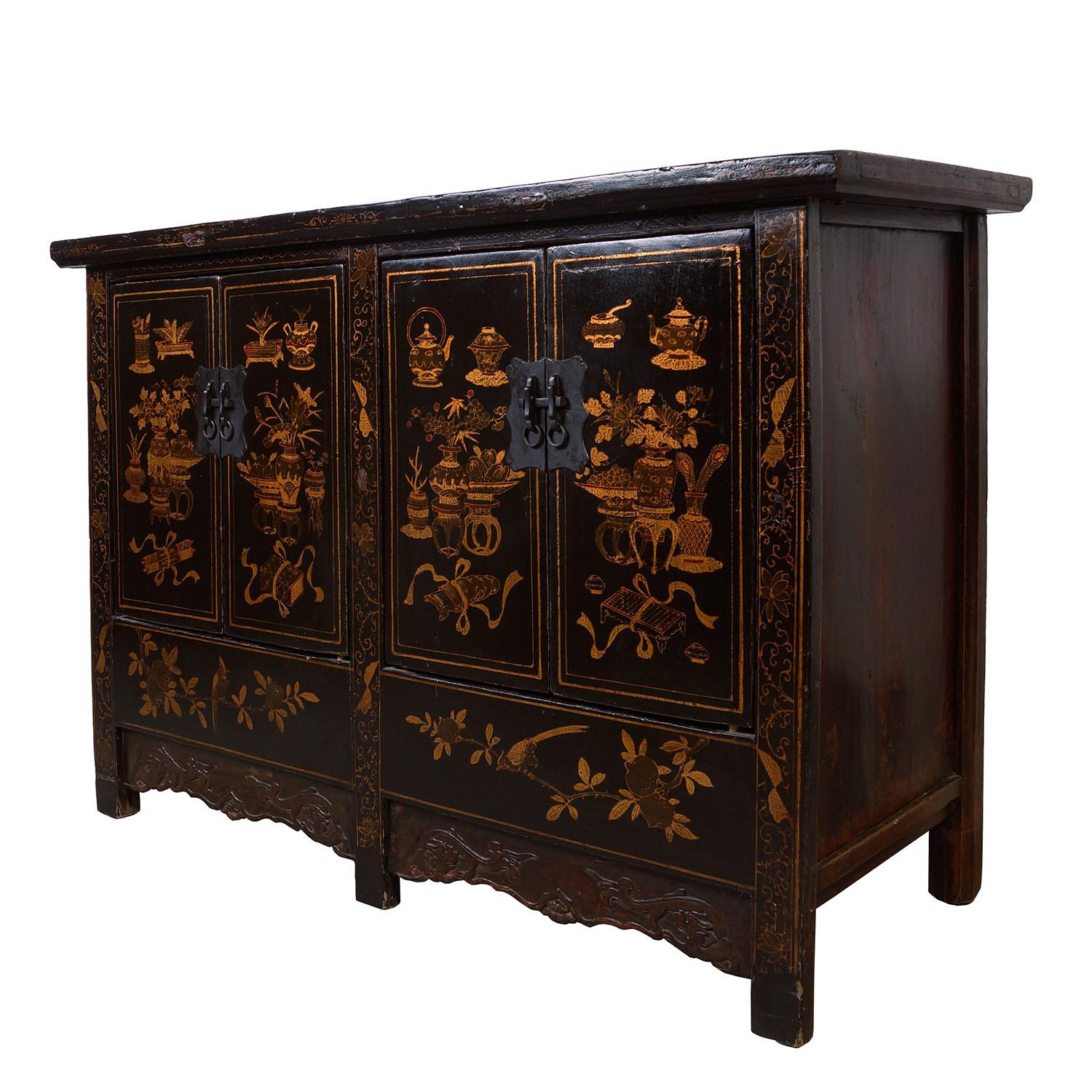 Size: 33 1/2in H x 50in W x 18in D?
Door opening: 19in H x 16in W each
Origin: China
Circa: 1850 - 1900
Material: Wood
Condition: Original finished, hand paint, solid wood construction, sturdy, heavy, normal age wear.
?
Description: Look at
