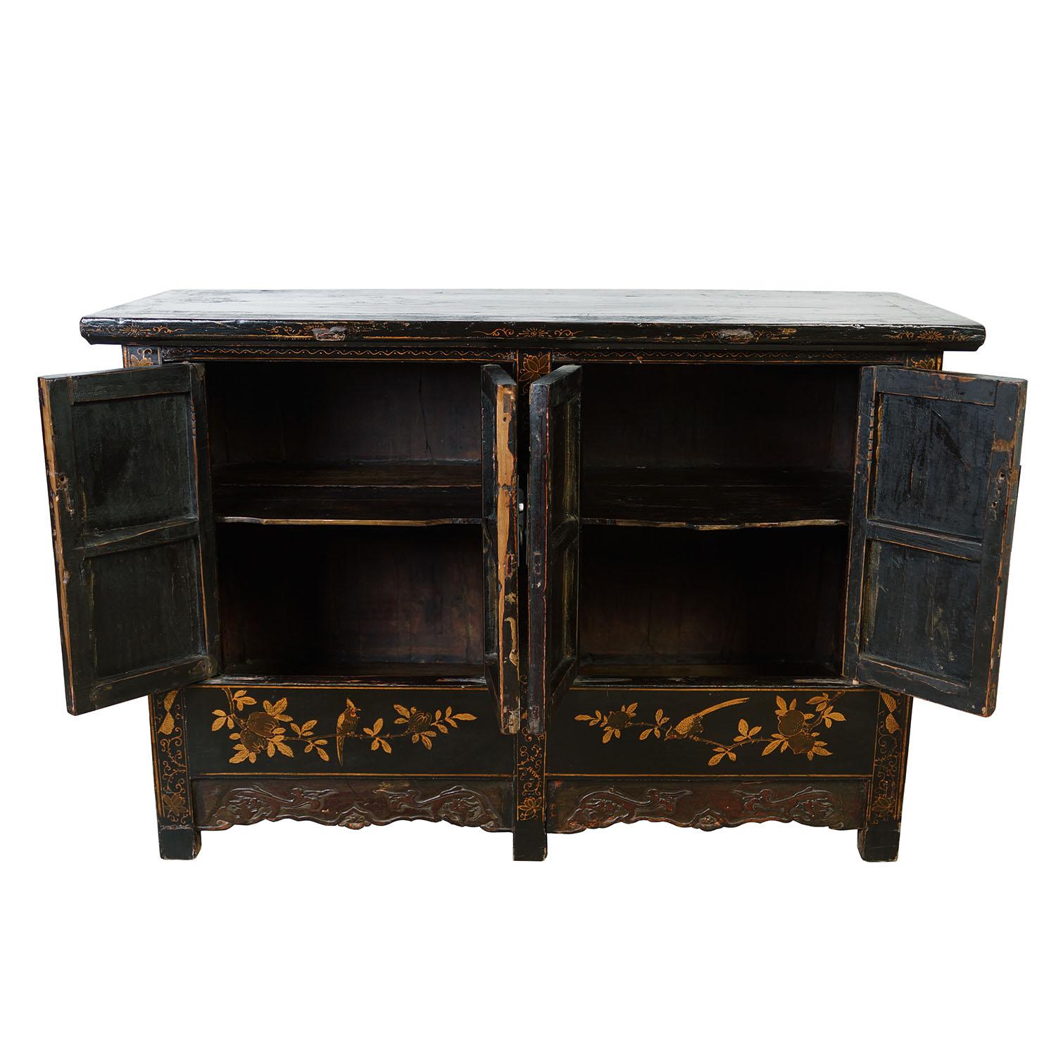 Chinese Export 19th Century Antique Chinese Gilt Black Twin Cabinet/Buffet Table, Siderboard For Sale