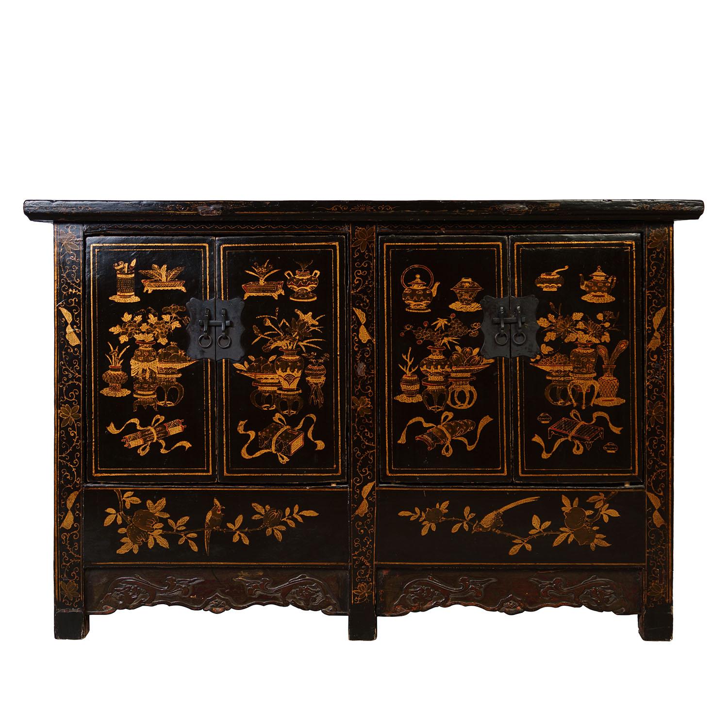 Carved 19th Century Antique Chinese Gilt Black Twin Cabinet/Buffet Table, Siderboard For Sale