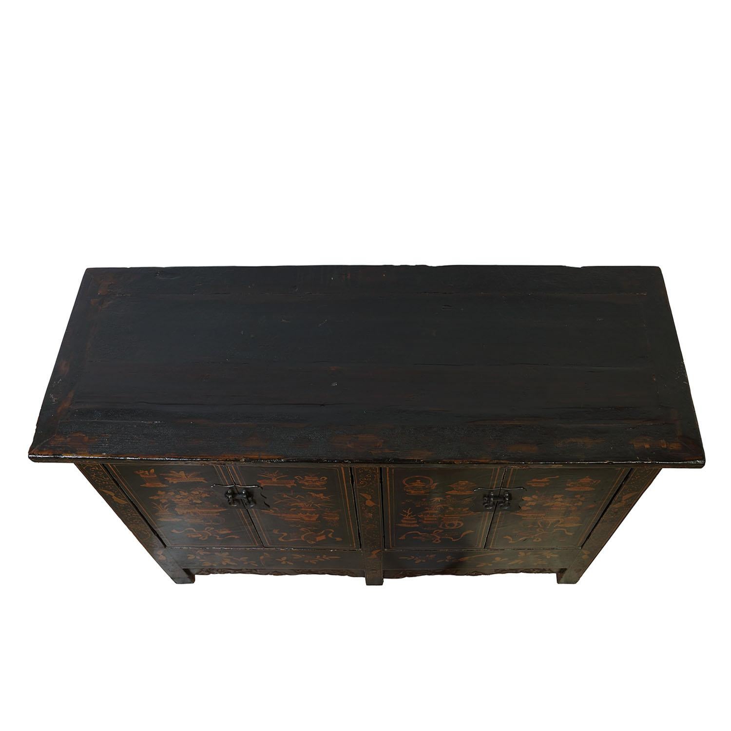 19th Century Antique Chinese Gilt Black Twin Cabinet/Buffet Table, Siderboard For Sale 3