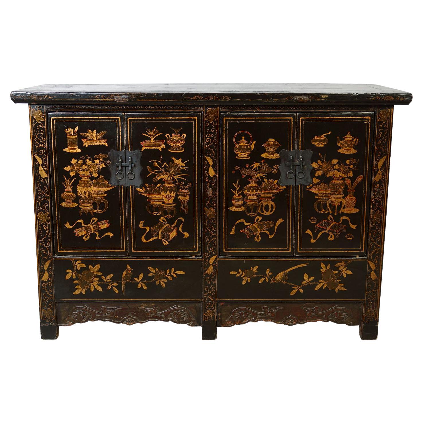 19th Century Antique Chinese Gilt Black Twin Cabinet/Buffet Table, Siderboard For Sale