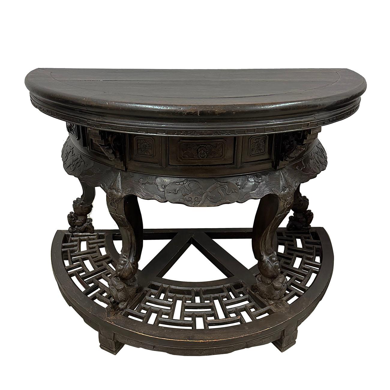 19th Century Antique Chinese Hand Carved Half Moon Tables, Set of 2 For Sale 10