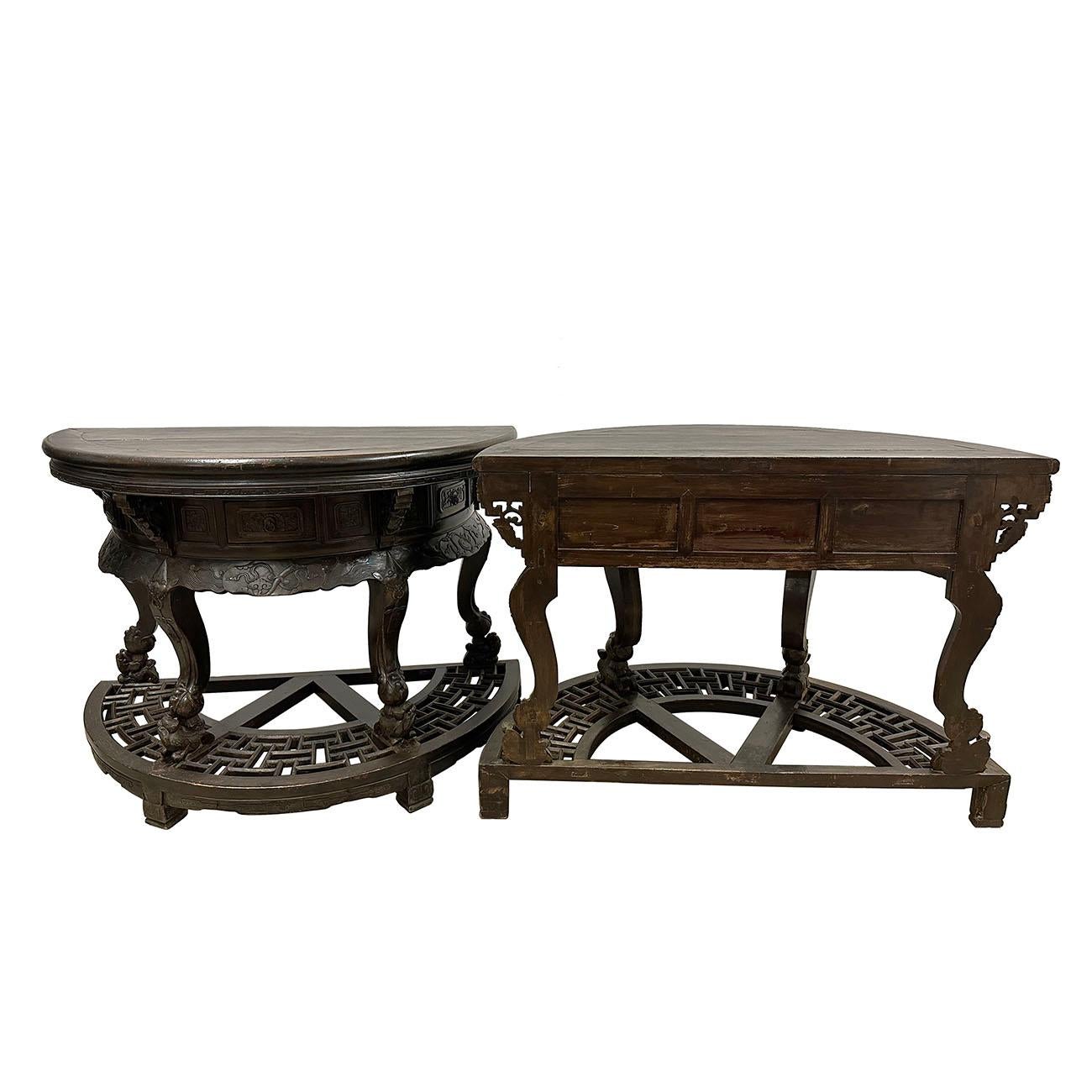 19th Century Antique Chinese Hand Carved Half Moon Tables, Set of 2 For Sale 12