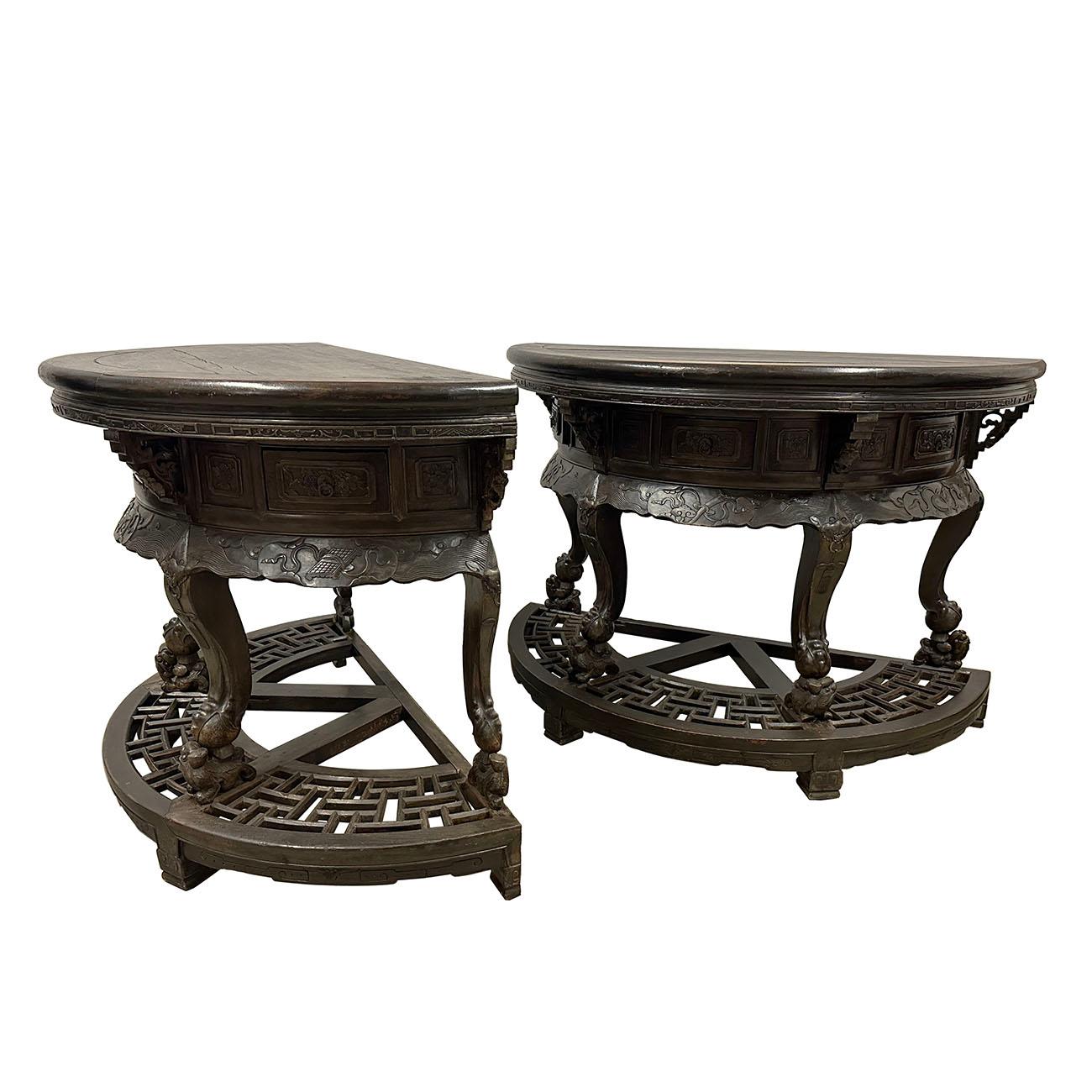 This gorgeous pair of Chinese antique carved half moon tables are made from solid wood with beautiful traditional carving works of bats and hidden eight immortals design around table, meaning lucky and longevity. This tables has intricate carving