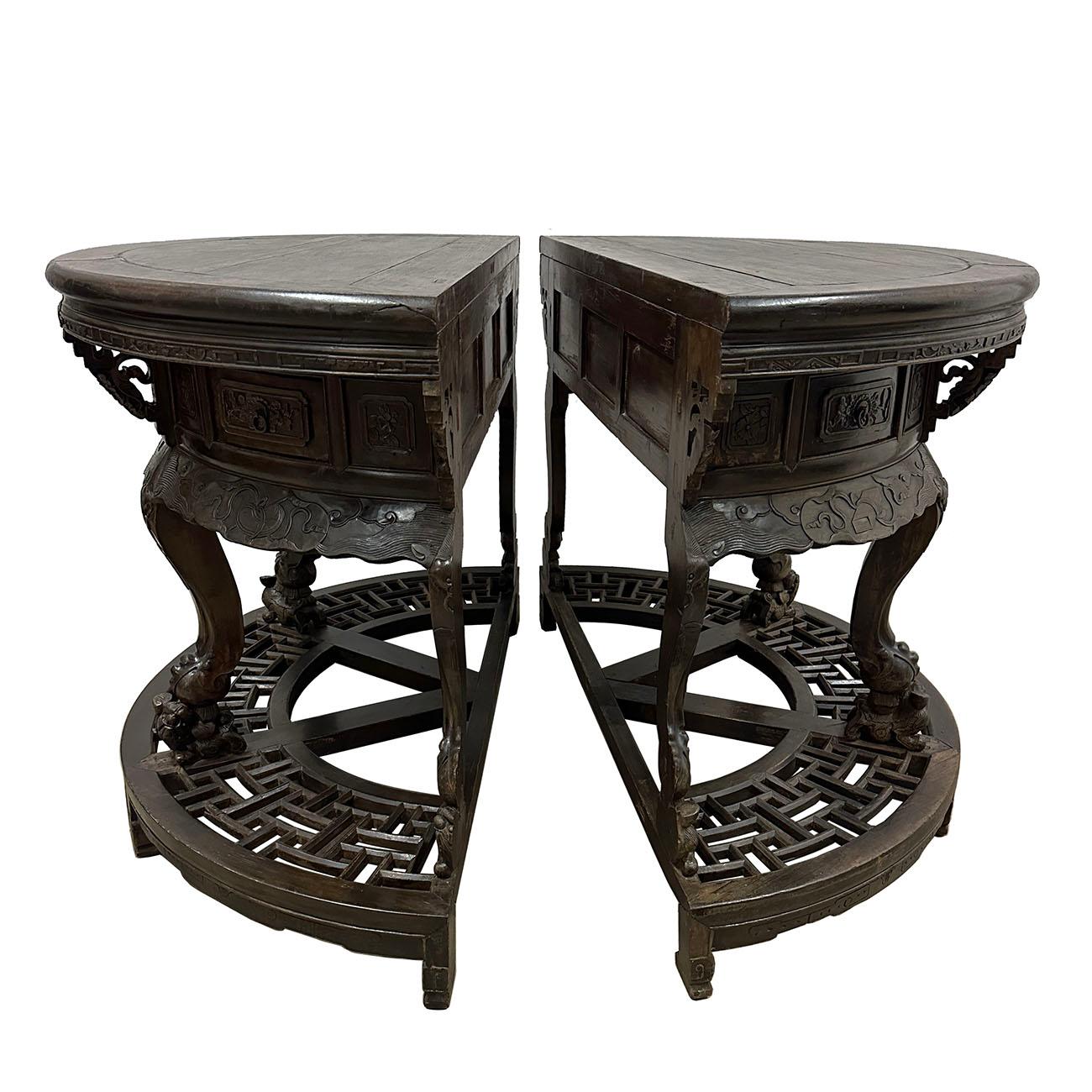 Chinese Export 19th Century Antique Chinese Hand Carved Half Moon Tables, Set of 2 For Sale