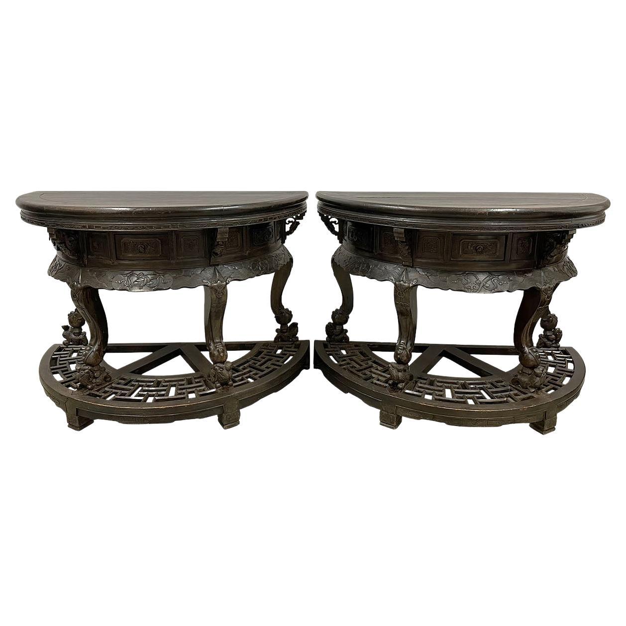 19th Century Antique Chinese Hand Carved Half Moon Tables, Set of 2 For Sale