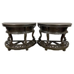 19th Century Used Chinese Hand Carved Half Moon Tables, Set of 2