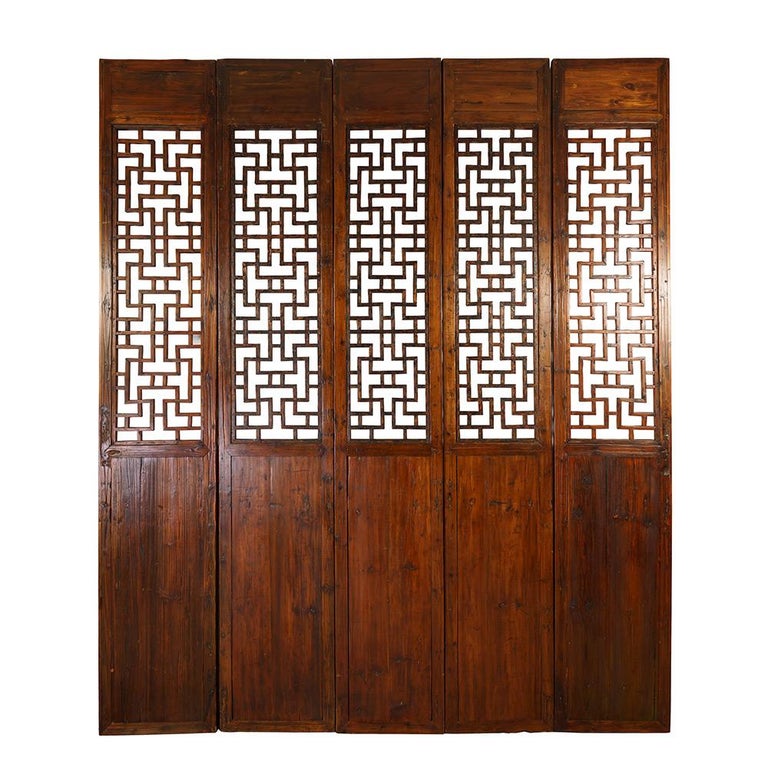 19th Century Antique Chinese Handcraft 5 Panels Wooden Screen / Room Divider For Sale 4