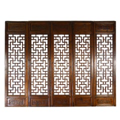 19th Century Antique Chinese Handcraft 5 Panels Wooden Screen / Room Divider