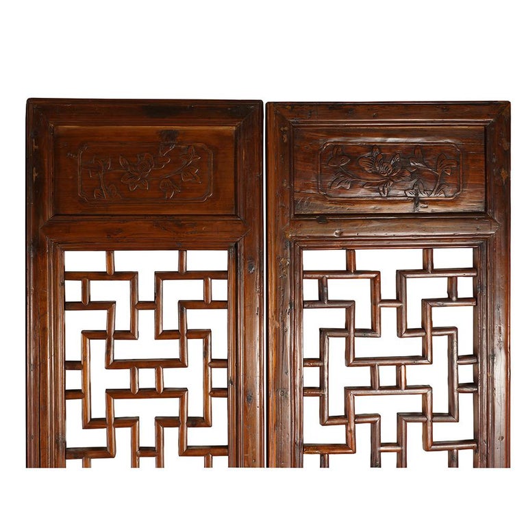 Hand-Carved 19th Century Antique Chinese Handcraft 5 Panels Wooden Screen / Room Divider For Sale
