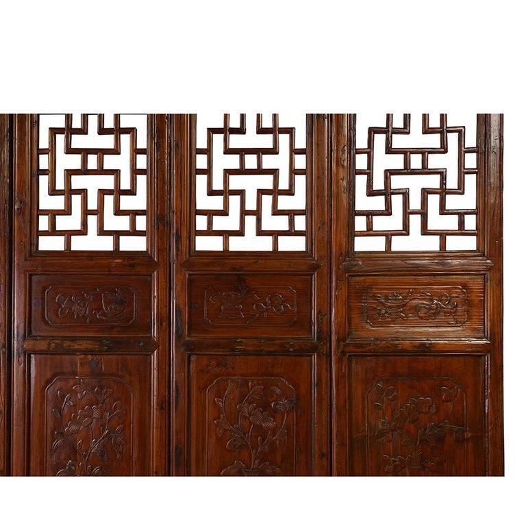 Elm 19th Century Antique Chinese Handcraft 5 Panels Wooden Screen / Room Divider For Sale